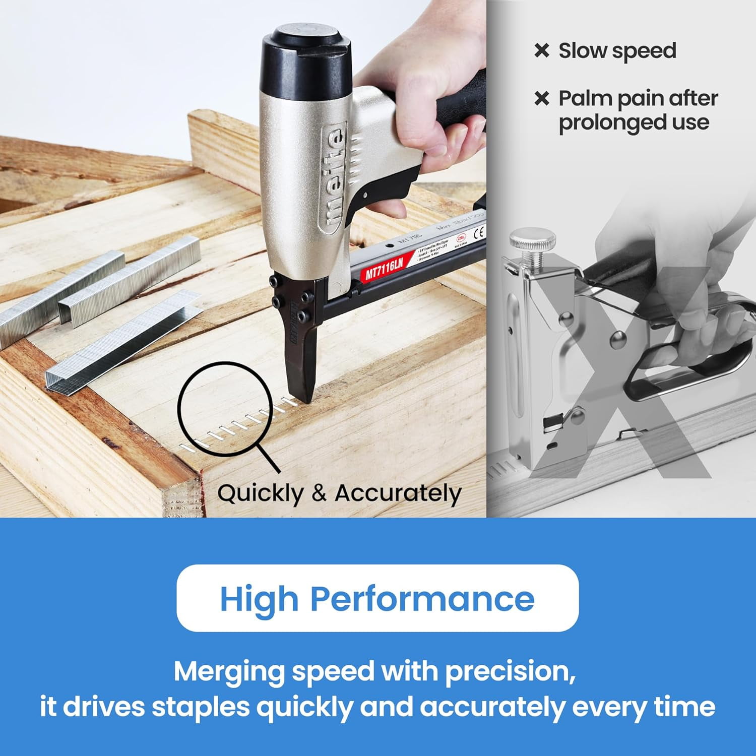 MEITE Long Nose Pneumatic Upholstery Stapler (Silver, 22 Gauge, 71 Series, 3/8 in Crown, 0.25 in to 0.625 in Length) c9f0k