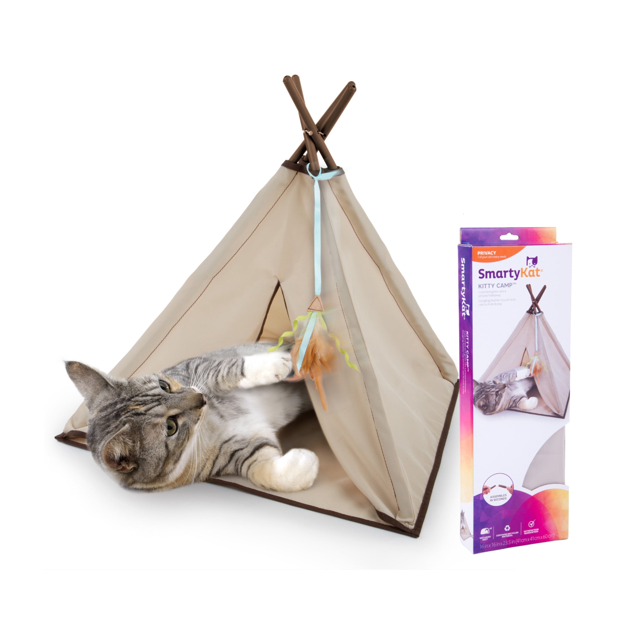 SmartyKat Kitty Camp Crinkle Cat Tent Hideaway with Detachable Dangling Feather Toy (Beige, 18 in x 18 in x 18 in) we4q5