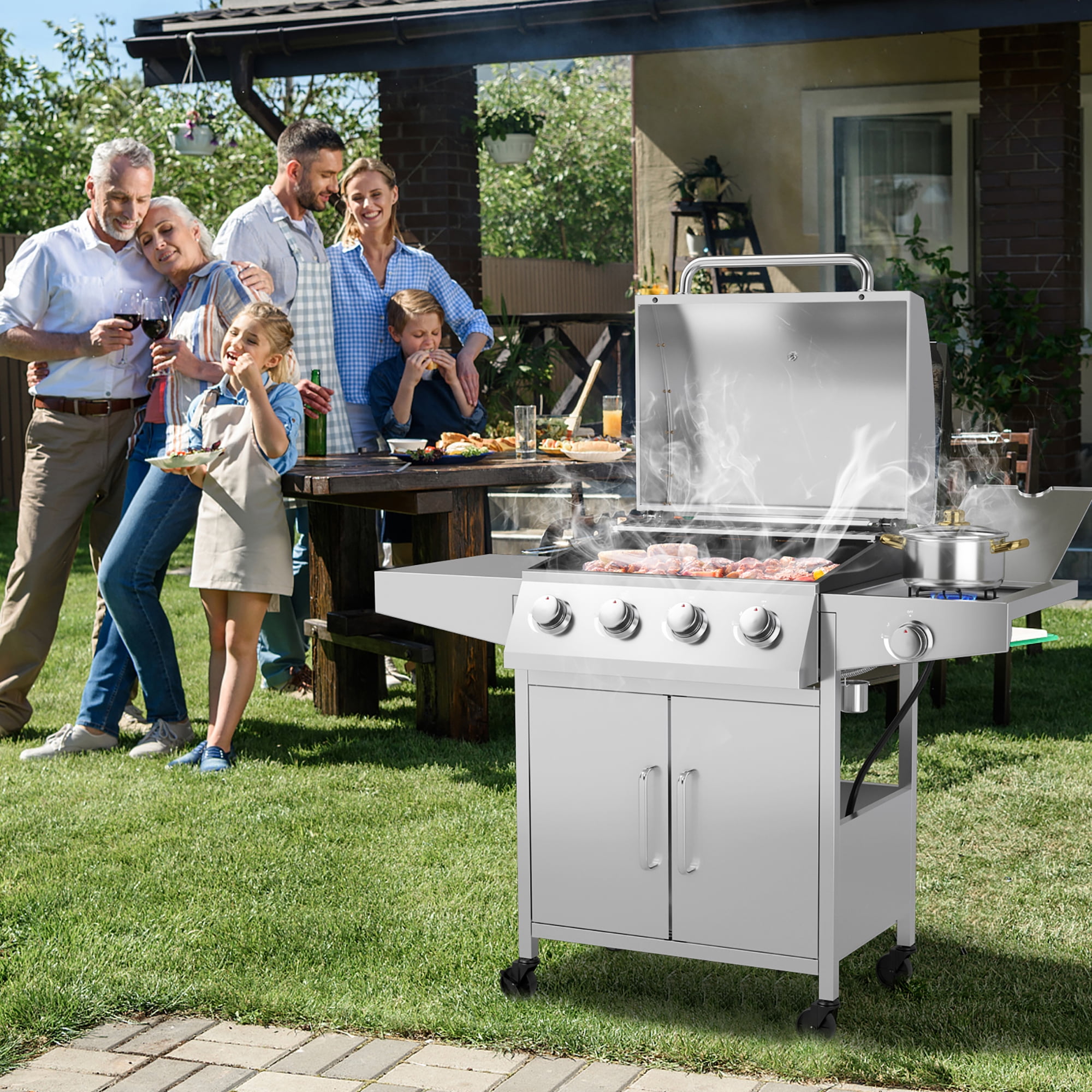 Costway 5-Burner Propane Gas Grill with Side Burner and Prep Table (Silver, 516 sq in) ngiis