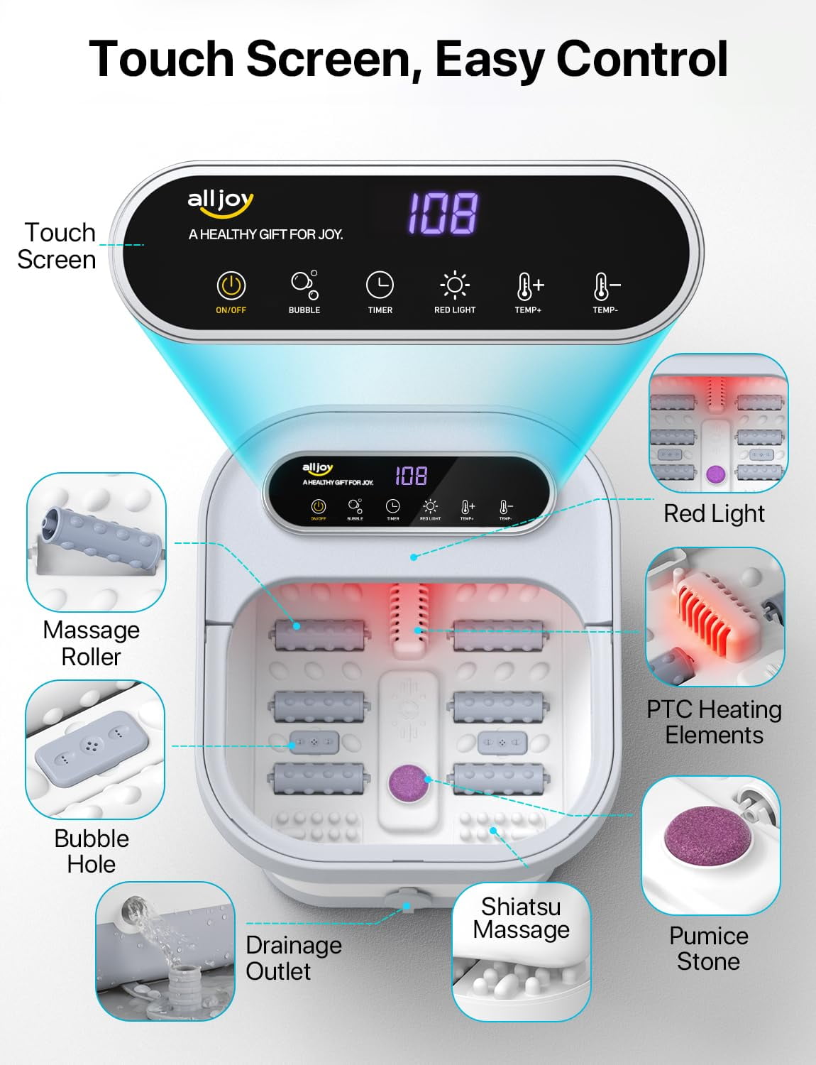 ALLJOY Collapsible Foot Spa Massager with Heat and Bubble Function (6 Massage Rollers, 4.1 in Foldable) 9ybte