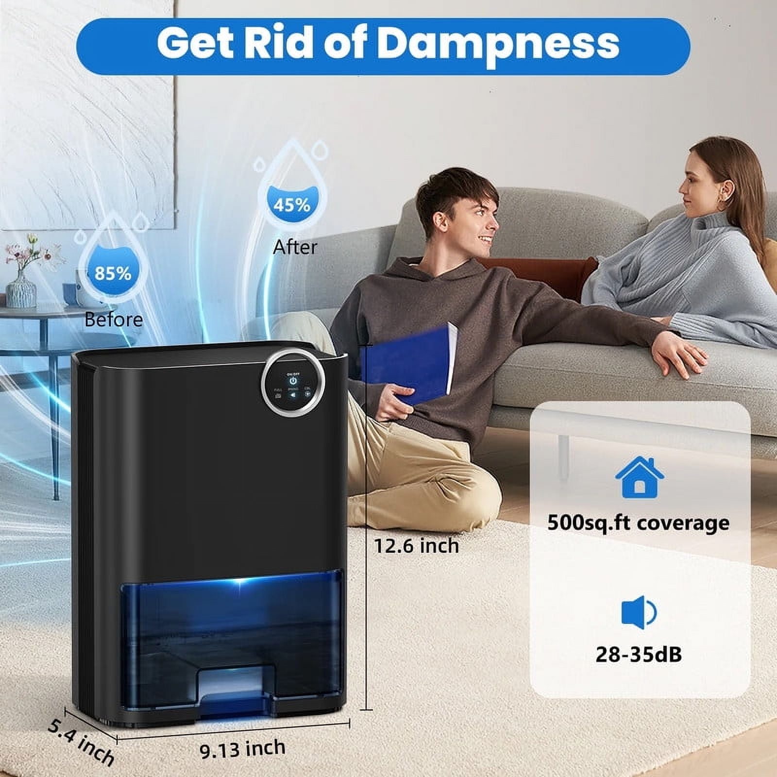 EGEH Portable Dehumidifier for Home, Quiet Small Dehumidifier with Auto Shut-off and 5-Color LED Lights (Black, 70 oz) x9tlw