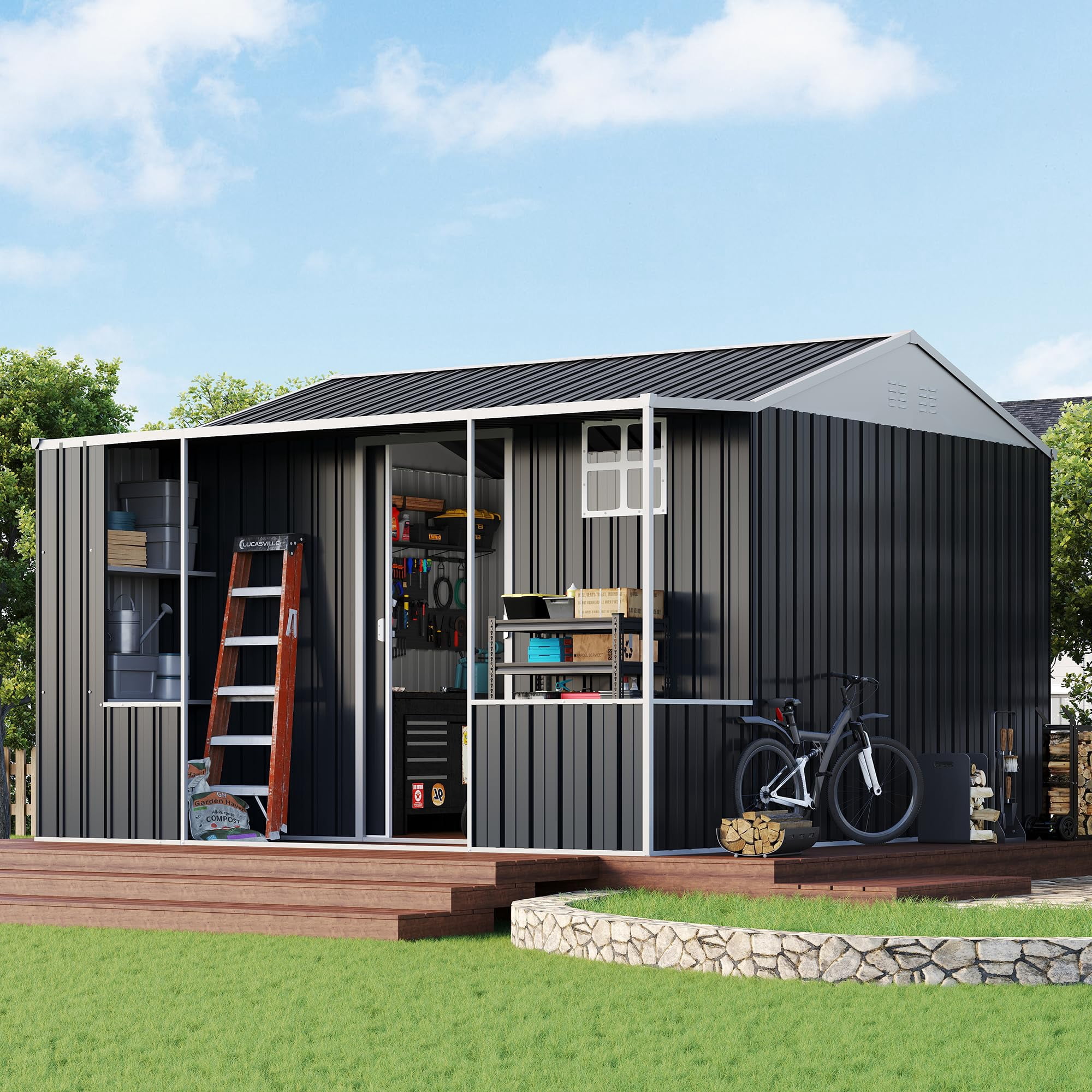 Jocisland Metal Storage Shed, Dual-Zone Outdoor Tool Shed with Work Area, Reinforced Frame, Gable Roof (Dark Grey, 10 ft x 10.5 ft x 7 ft) ls405
