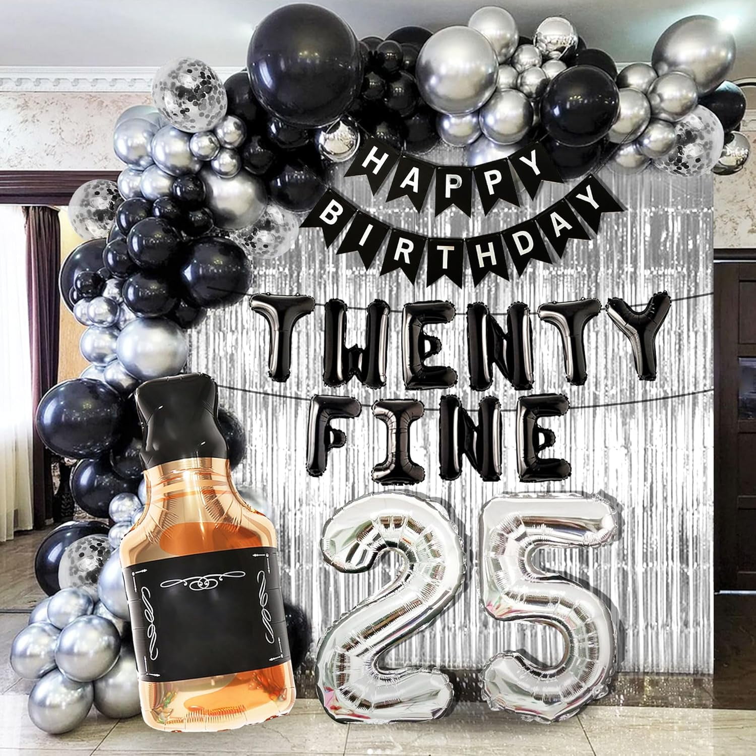 Roaring Good Time 25th Birthday Party Decoration Set, Luxury Black, Silver and Gold Foil Balloons with Rain Curtain (1 Set) ghtwp