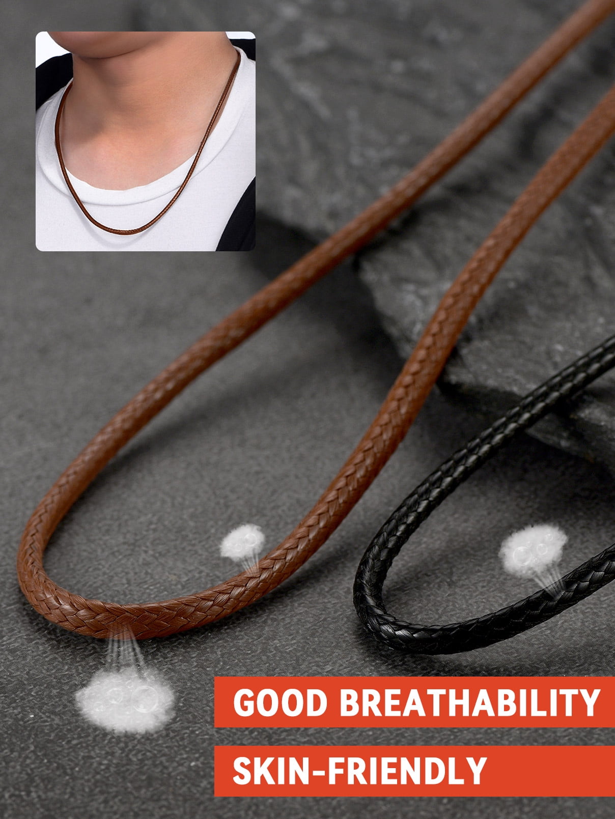 FaithHeart Braided Leather Cord Necklace for Men and Women, Waterproof Wax Rope Chain with Stainless Steel Clasp (Black, 20 in) 0r57a
