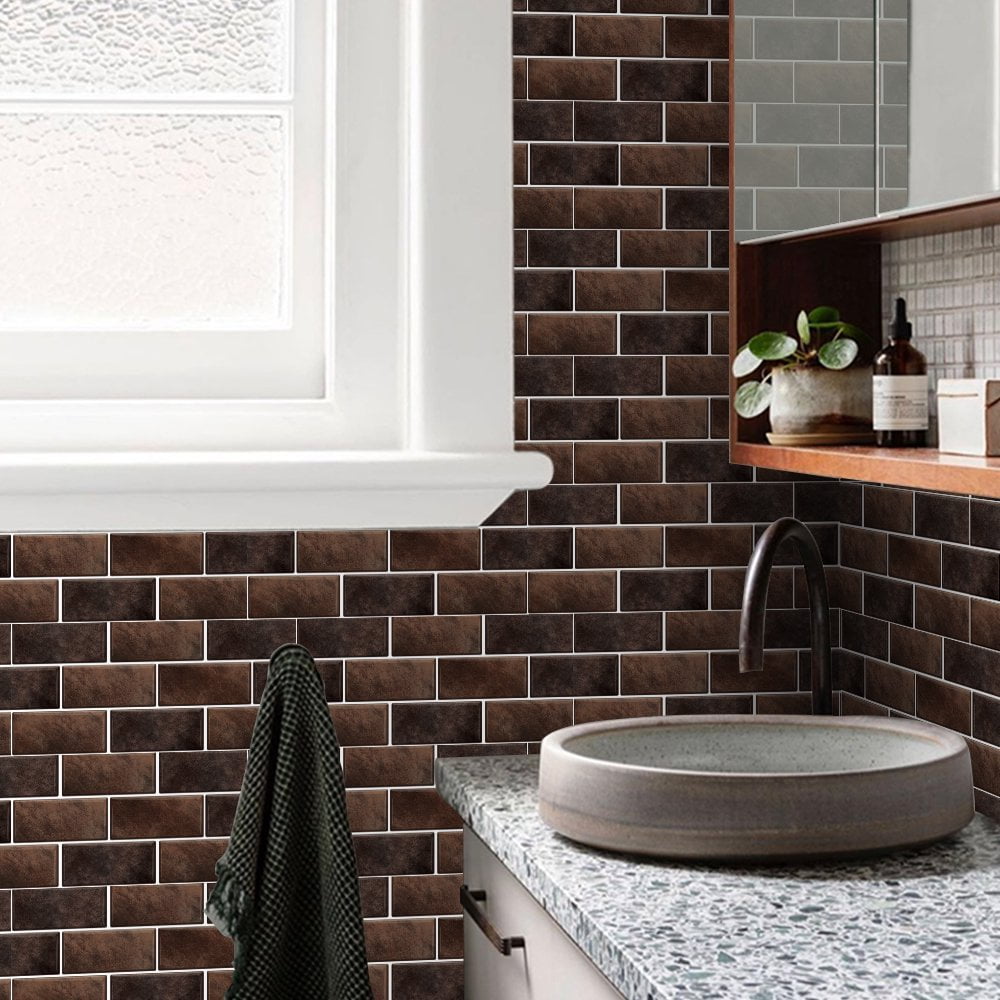 FUDAKUNA Peel and Stick Wall Tiles Waterproof Vinyl Mosaic Backsplash Decals (Brown, 6 Pieces, 11.8 x 5.9 in) e5jqn