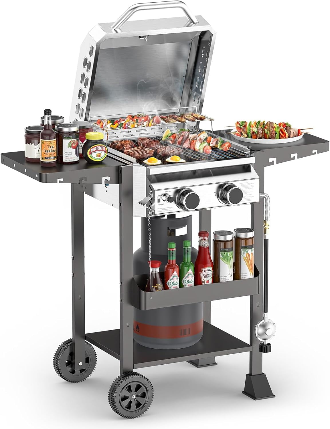 FREE VILLAGE 2-Burner Propane Gas Grill, Stainless Steel Outdoor BBQ with Side Shelves and Wheels (Silver, 257 sq in) p6os3