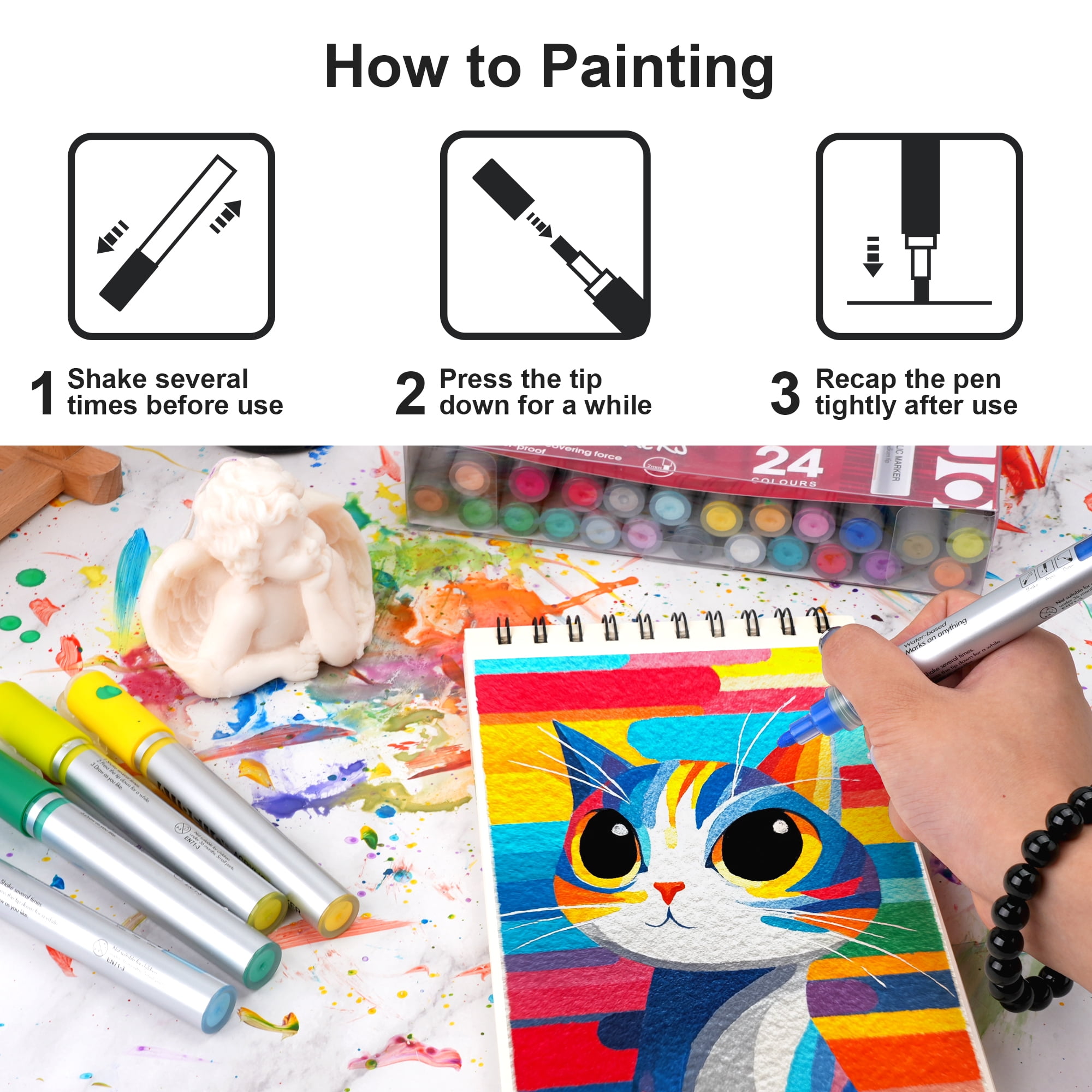 AUREUO Acrylic Paint Markers, Water-Based Paint Pens for Rock Painting and DIY Crafts (24 Colors, 2mm Medium Tip) 05k3h