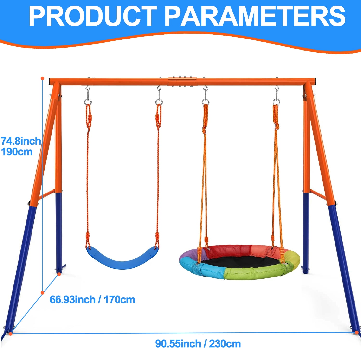 Camkey Heavy Duty Metal Swing Set for Kids with Saucer and Belt Seats (Blue, 440 lb Capacity) n77fa