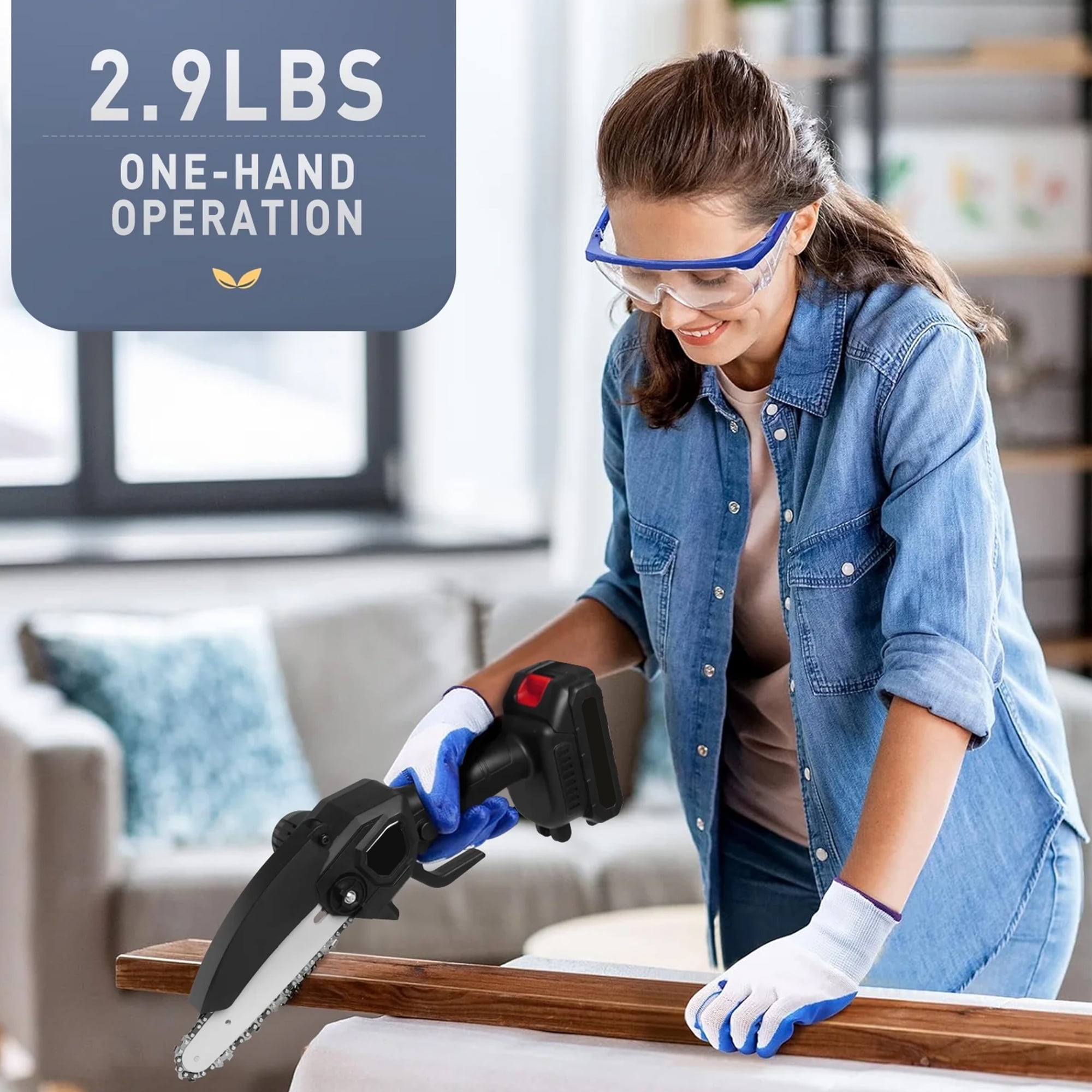 HDJ Cordless Mini Chainsaw, Portable Electric Wood Cutter with 6 inch and 8 inch Guide Bars (Black, 2-Pack Battery Set) l82ja
