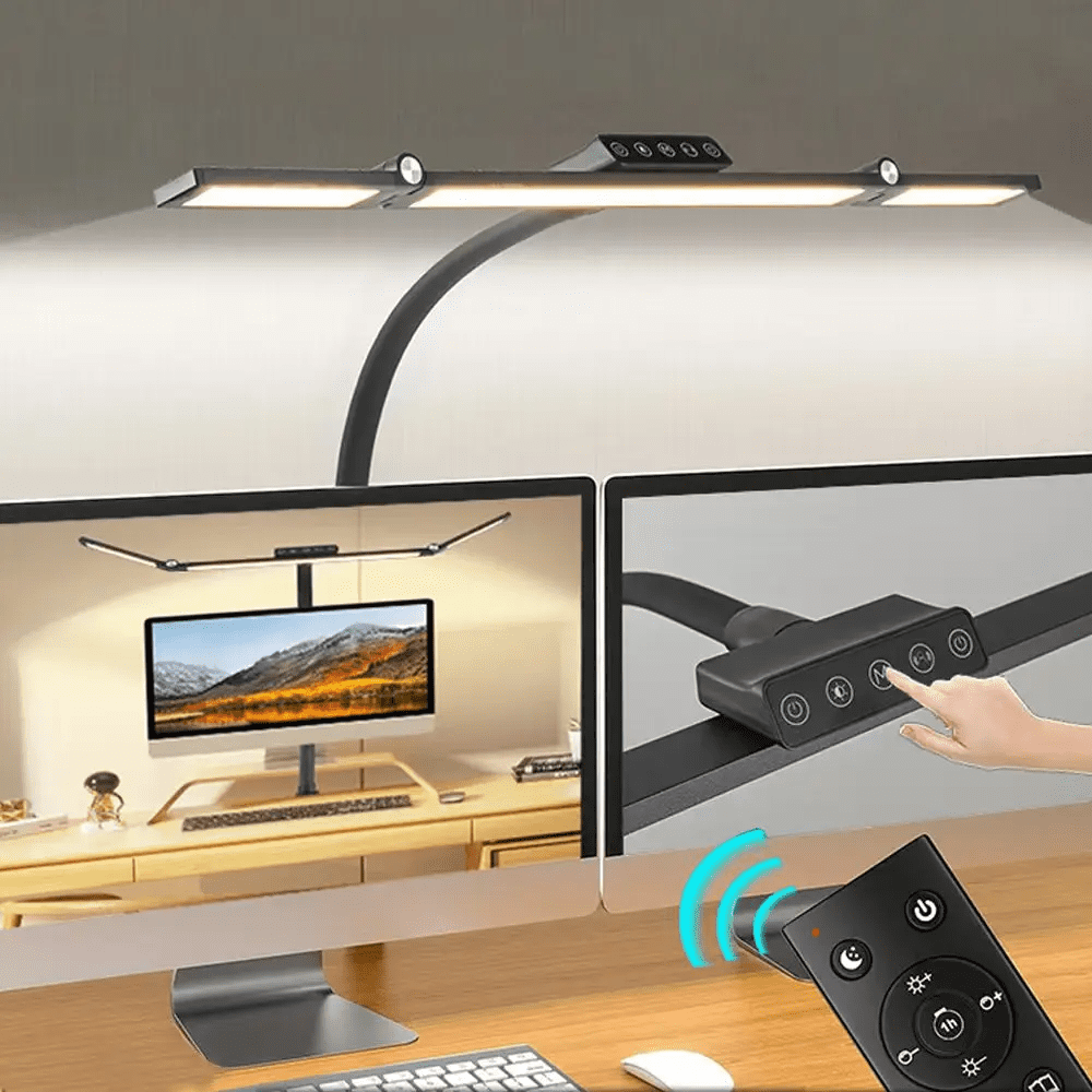 Lanthour LED Desk Lamp with Clamp, 24W Double Head Swing Arm Office Light, Stepless Dimmable with Remote (Black, 27.1 in) jcljk