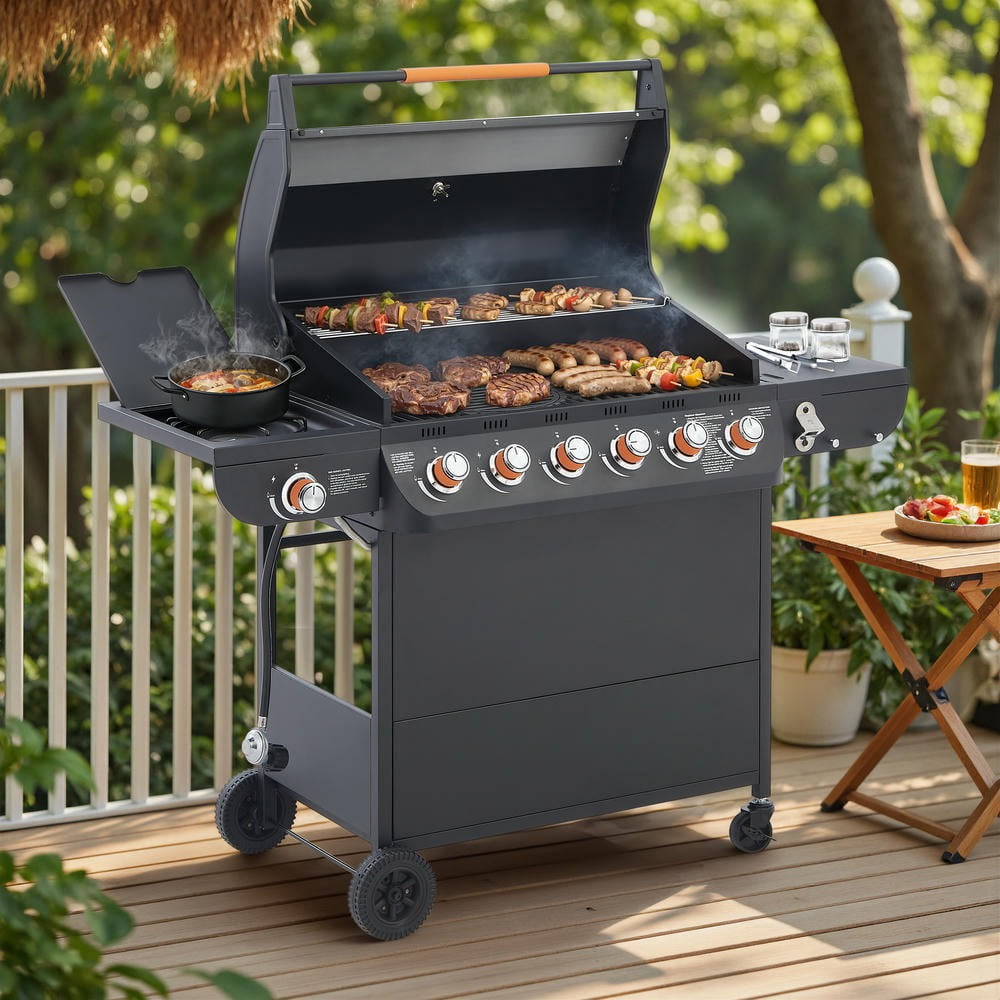 Kadyn 6-Burner Gas Barbecue Grill, High-Heat Outdoor Kitchen with Side Burner and Cast Iron Grates (Black) qx3h2