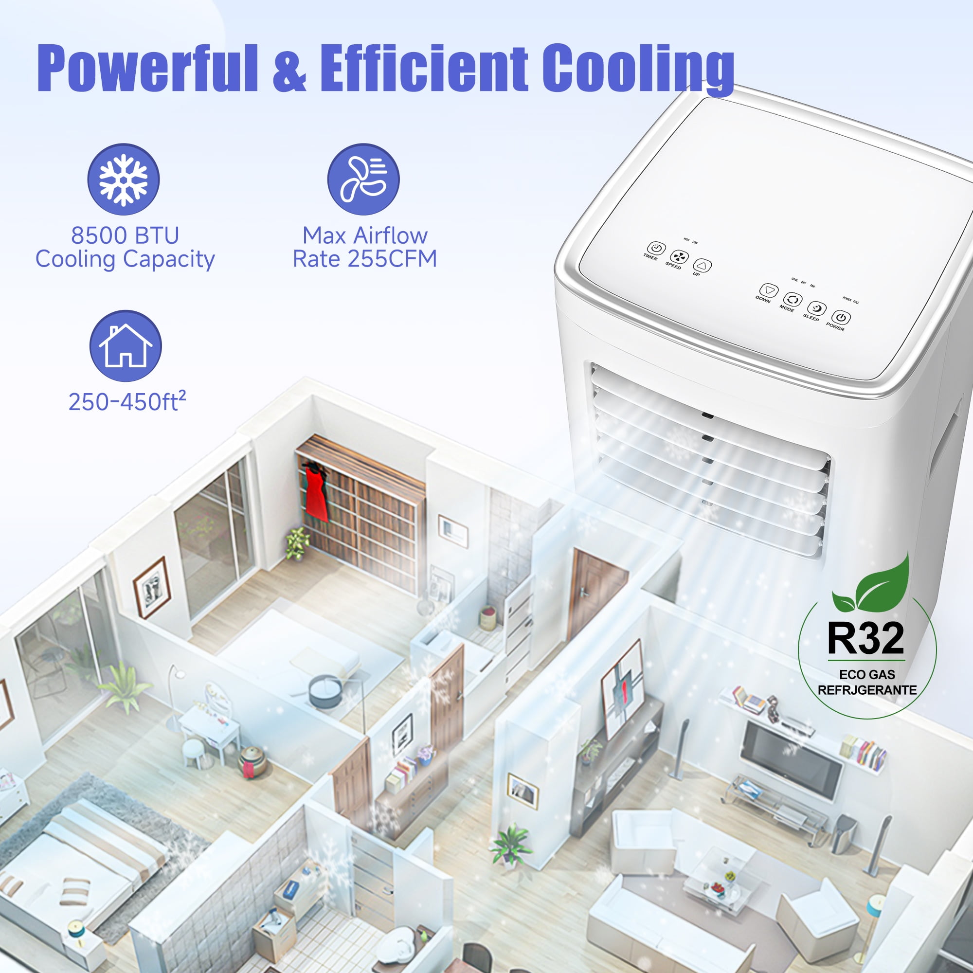 Frostorm 8500 BTU Portable Air Conditioner, 4-in-1 Cooling Fan and Dehumidifier with Remote Control (White, 360 sq. ft. Coverage) rj54d