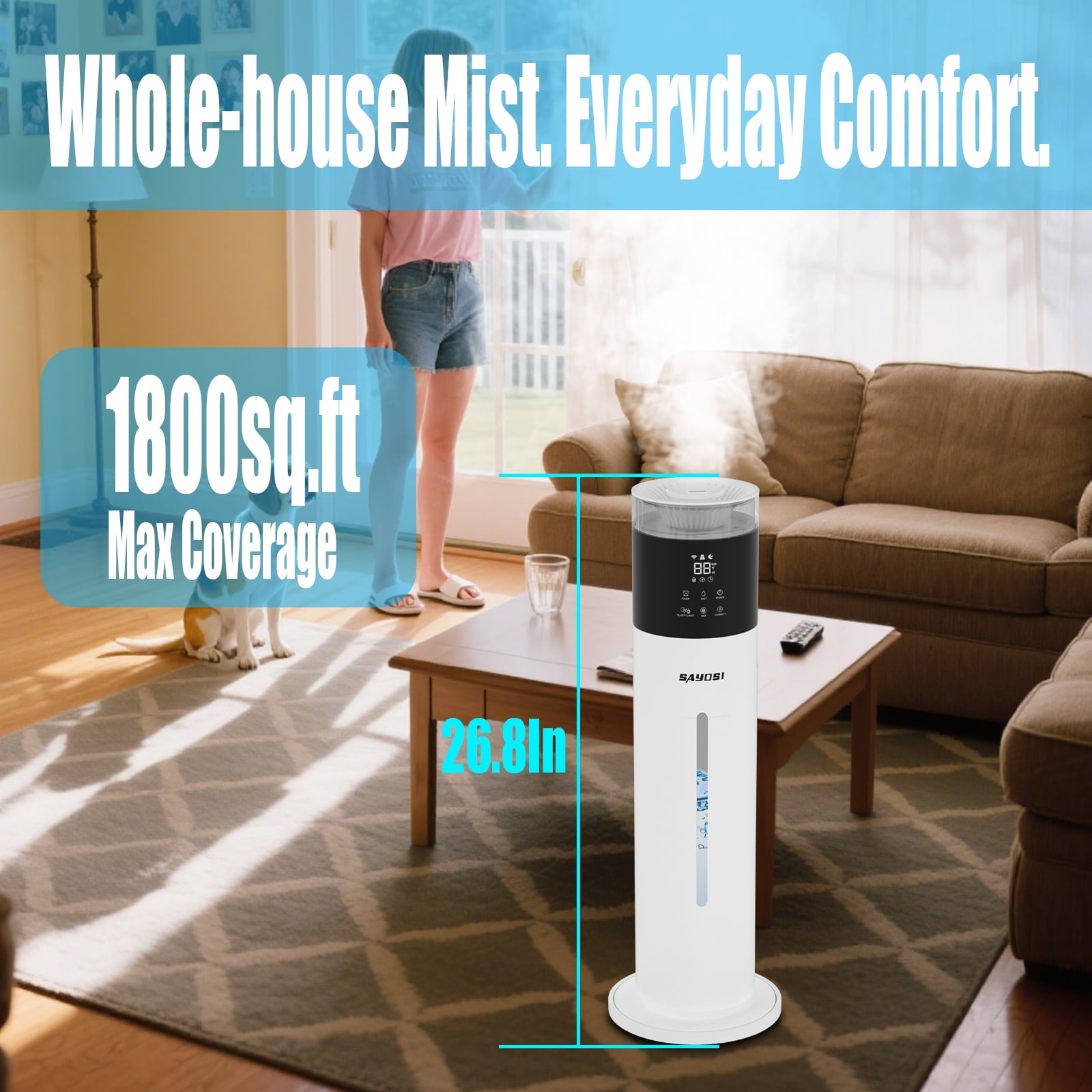 SAHAUHY Smart Cool Mist Humidifier for Large Rooms, App-Controlled Ultrasonic Humidifier with Top-Fill Design (White, 2.1 gal) n3ezc