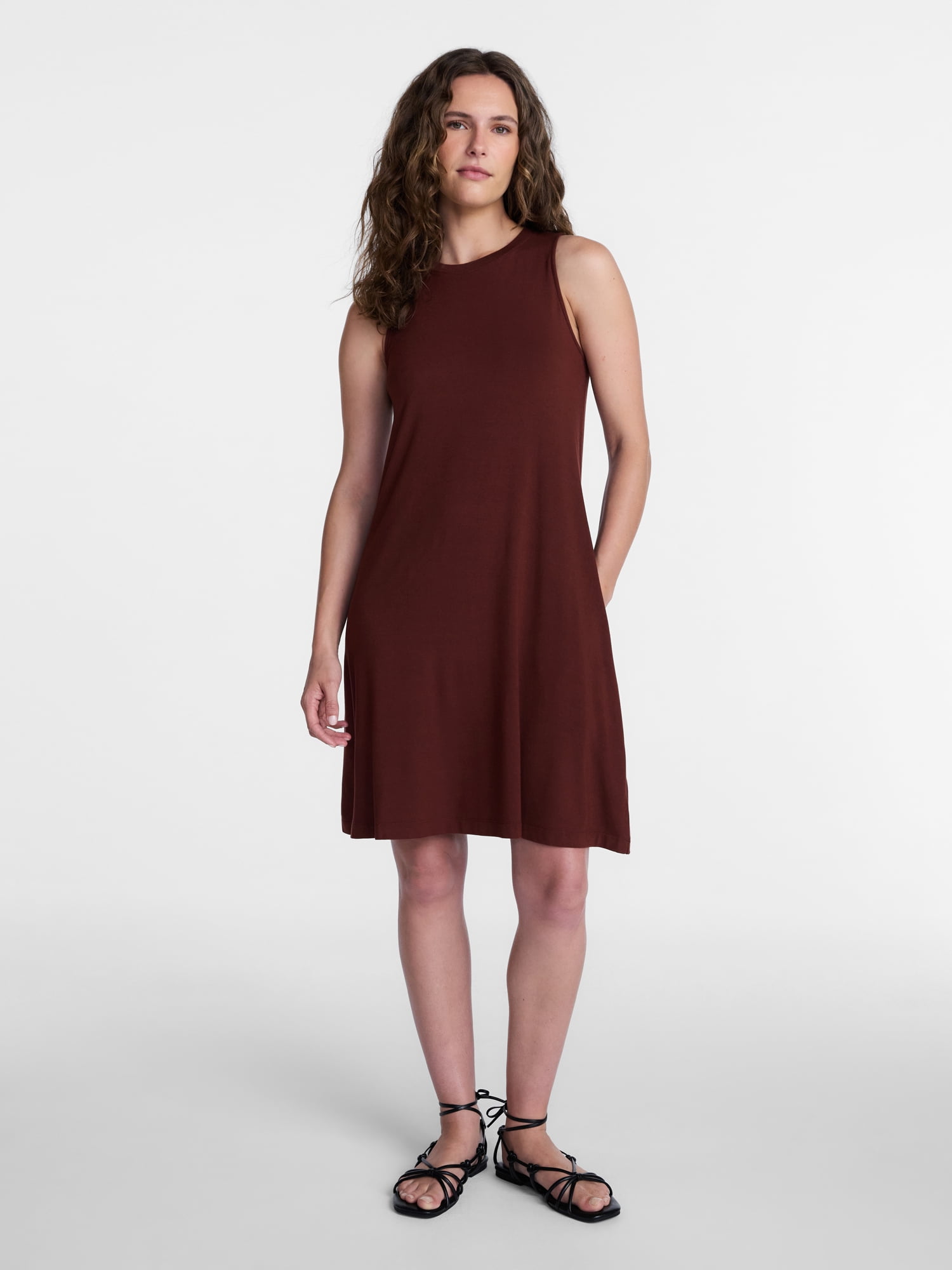 Time and Tru Women's Sleeveless Knit Swing Dress (Brown, XS) 1o02y