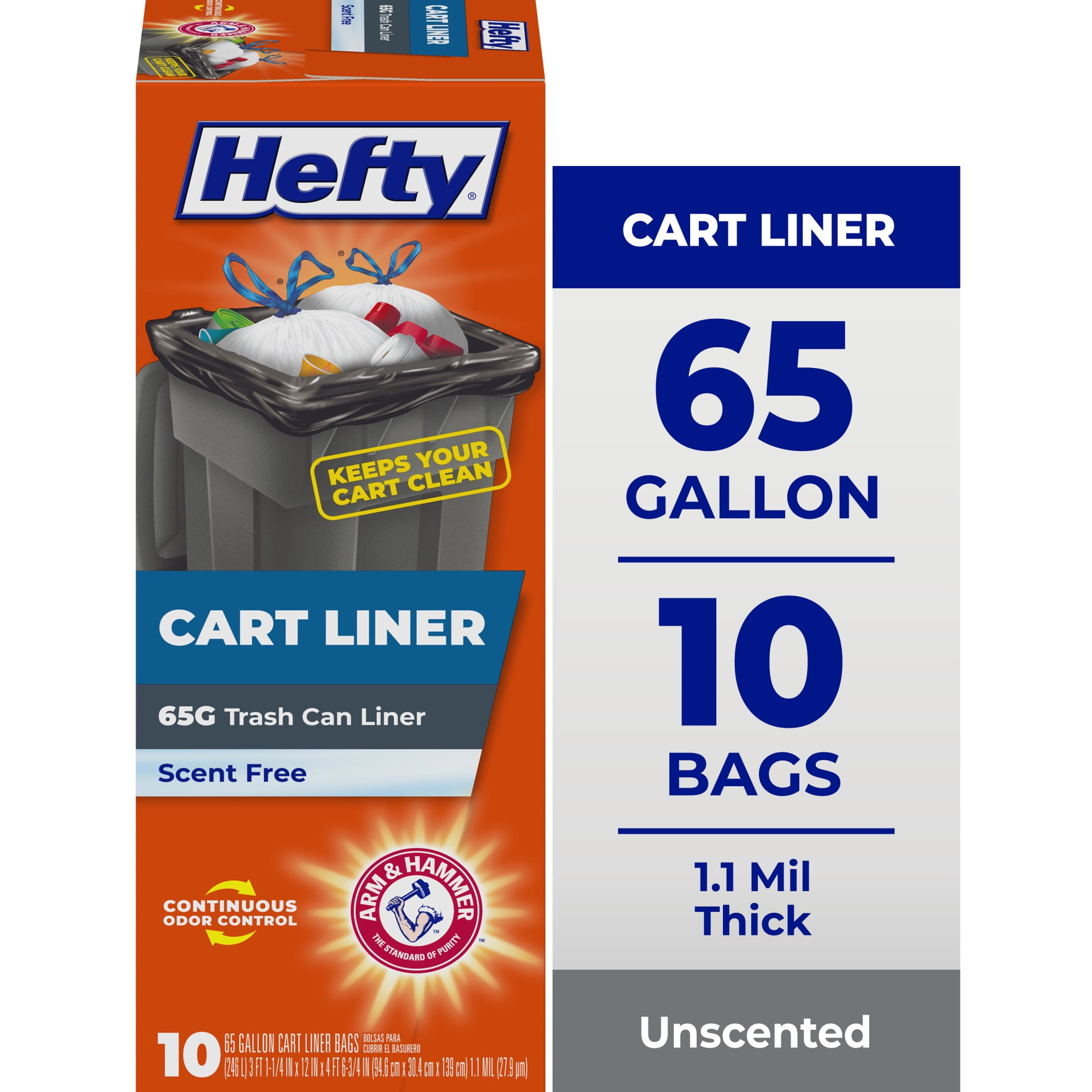 Hefty Cart Liner Trash Bags, Heavy-Duty Drawstring Bin Liners (Black, 65 Gallon, 10 Count) l618v