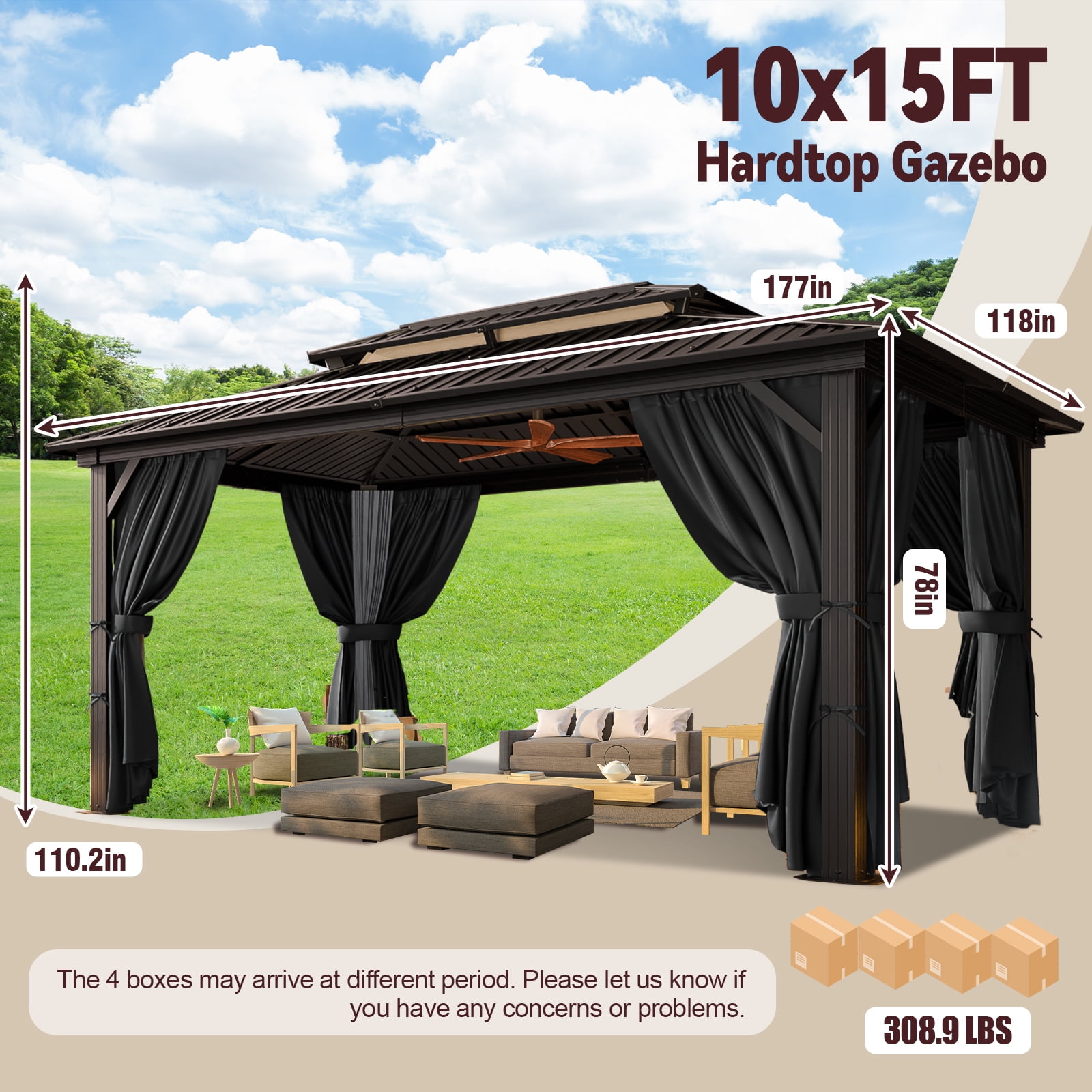 COBIZI Hardtop Gazebo with Netting and Curtains, Outdoor Aluminum Canopy for Backyard and Patio (Black, 10x15 ft) s97f0