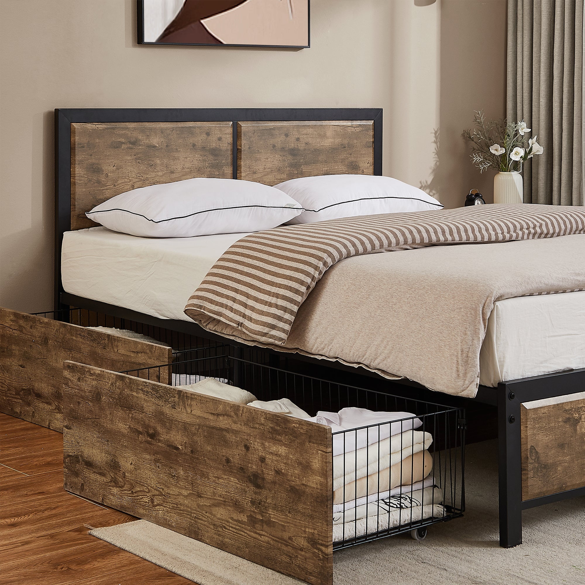 VECELO Underbed Storage Drawers (Rolling Metal Organizer, Set of 4, Brown, 37.6 in x 19.7 in x 13.4 in) gdz6p