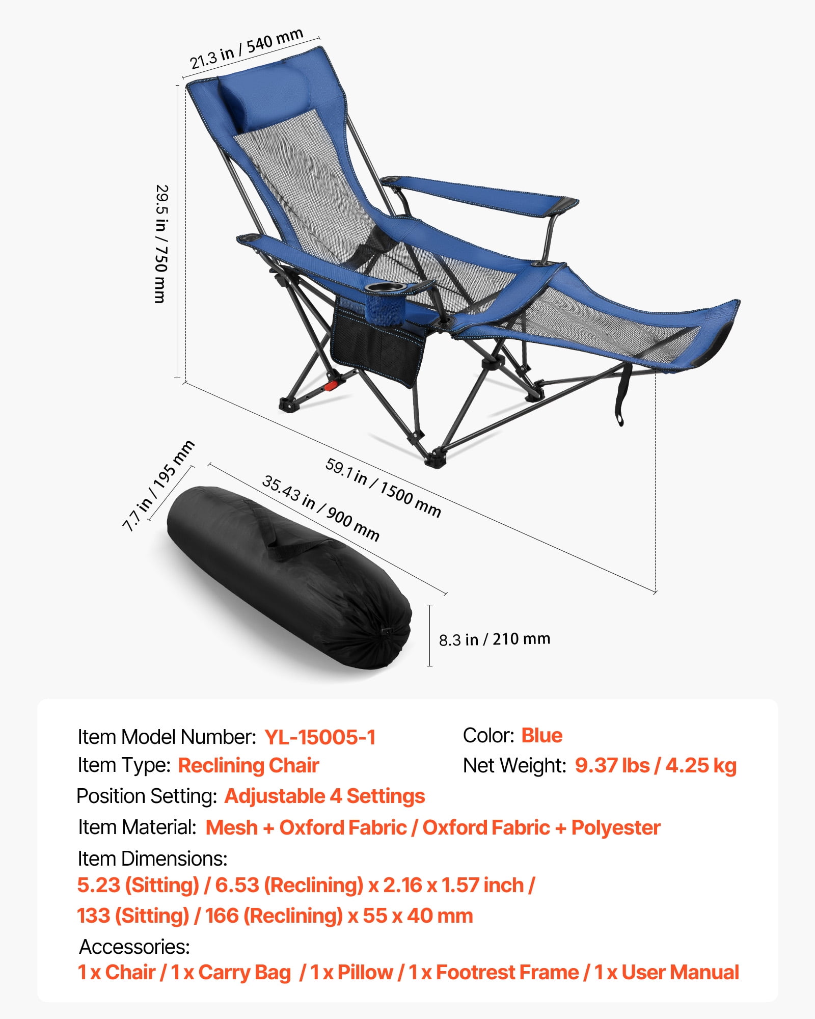VEVOR Reclining Camping Chair, Portable Folding Lounger with Headrest and Foot Rest (Blue, 220 lb Capacity) q3ppj