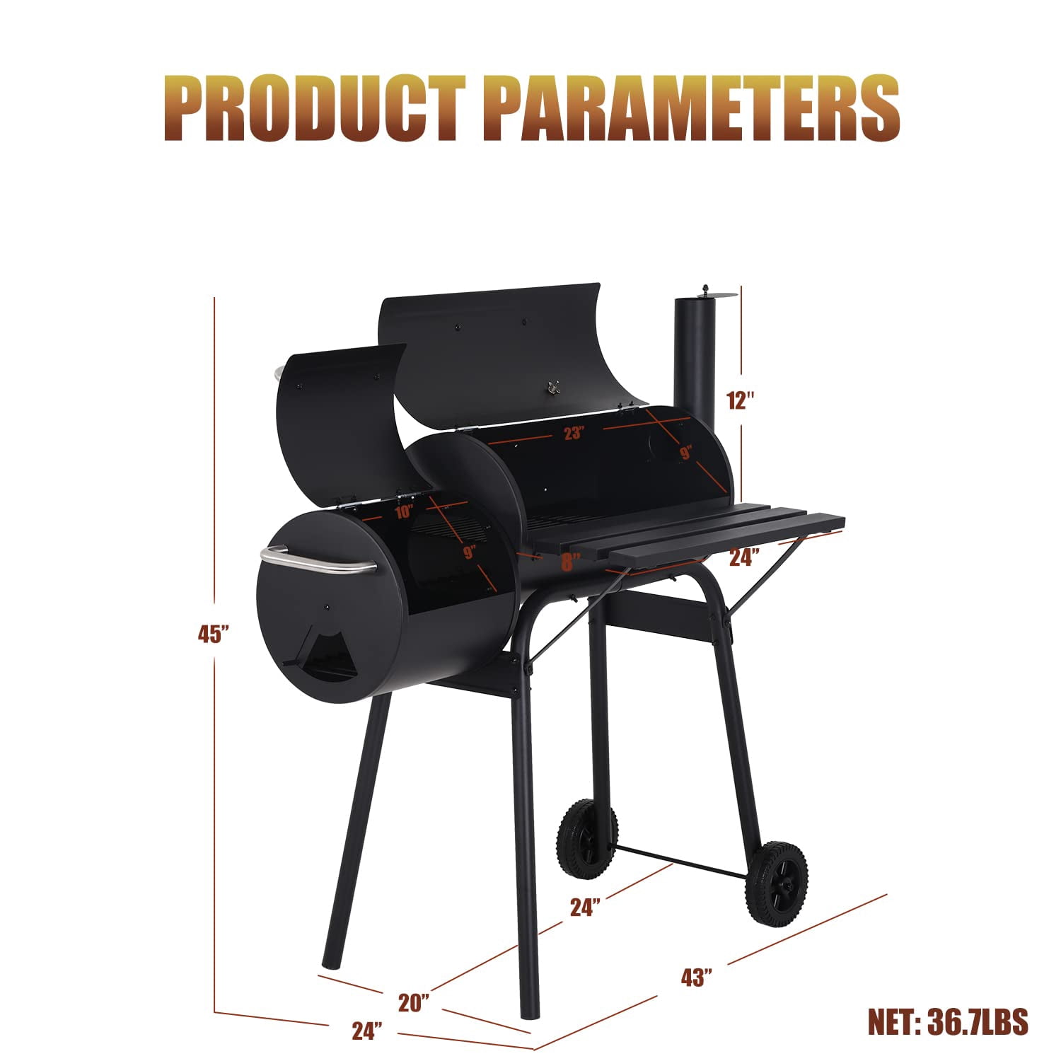 Dkelincs Charcoal Grill with Offset Smoker and Wheels (Black, 43.3 in) r6blh