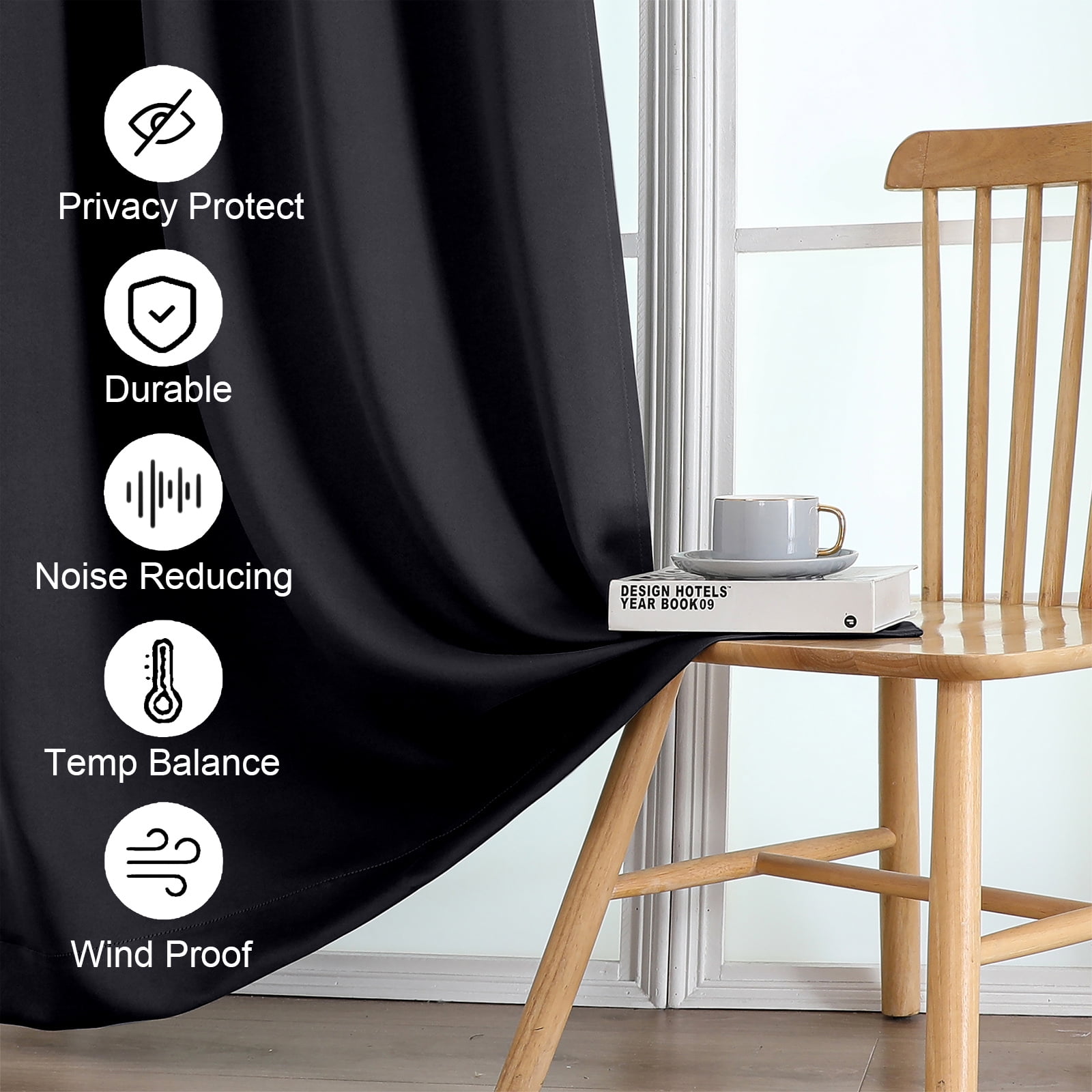 OVZME Thermal Insulated Blackout Window Curtains, Room Darkening Drapes for Bedroom and Living Room (Black, 40 in x 84 in, Set of 2) atf3o