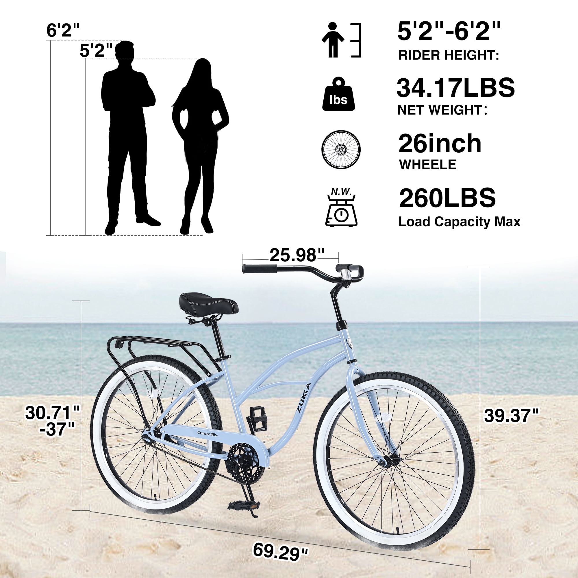Zukka 26 in Cruiser Bike Steel Frame Beach Bicycle for Men and Women (Blue, 26 in) 8vc6f