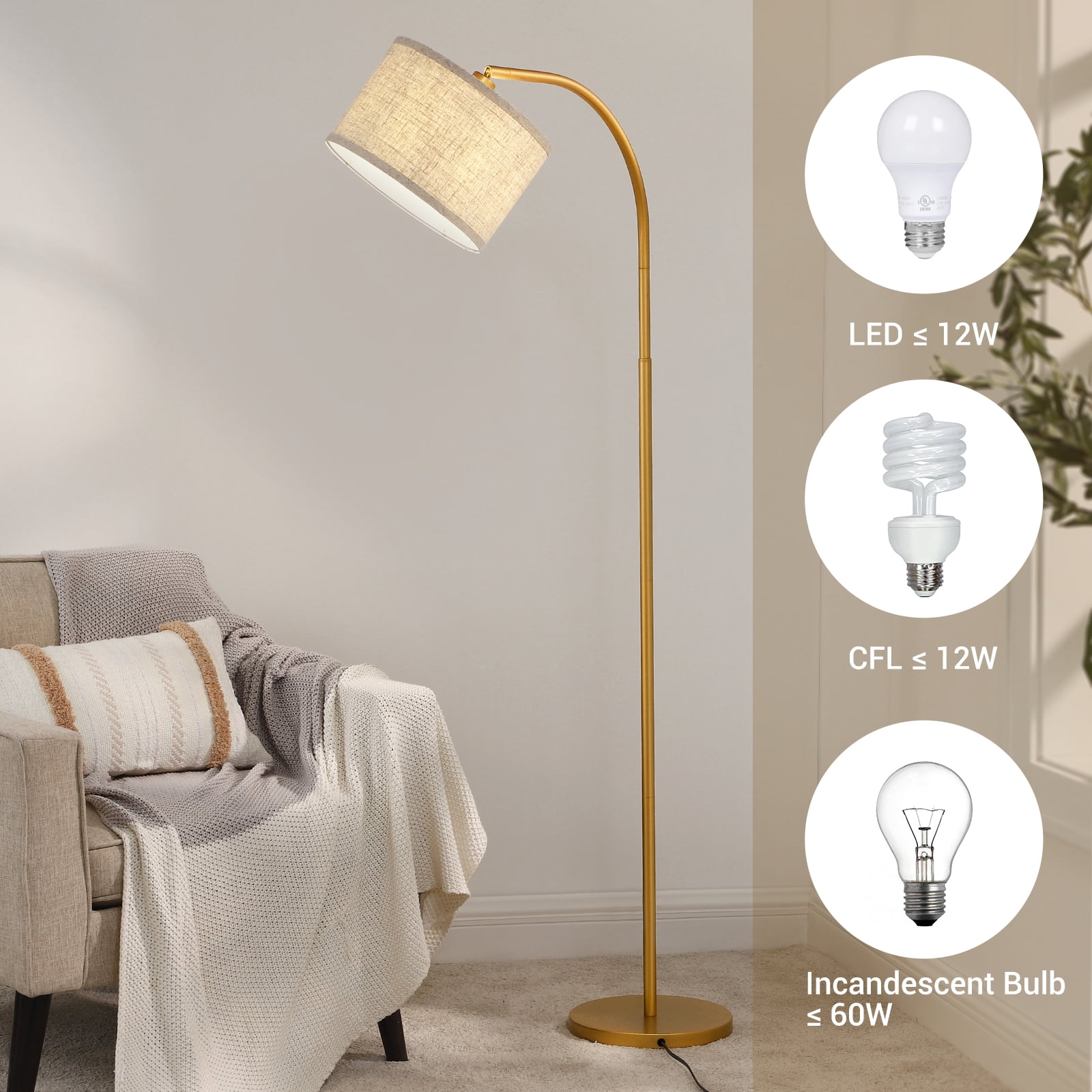 DEWENWILS Modern Arc Floor Lamp, Adjustable Gold Metal Standing Lamp with Foot Switch for Living Room and Bedroom (Gold, 63.4 in) 2eain