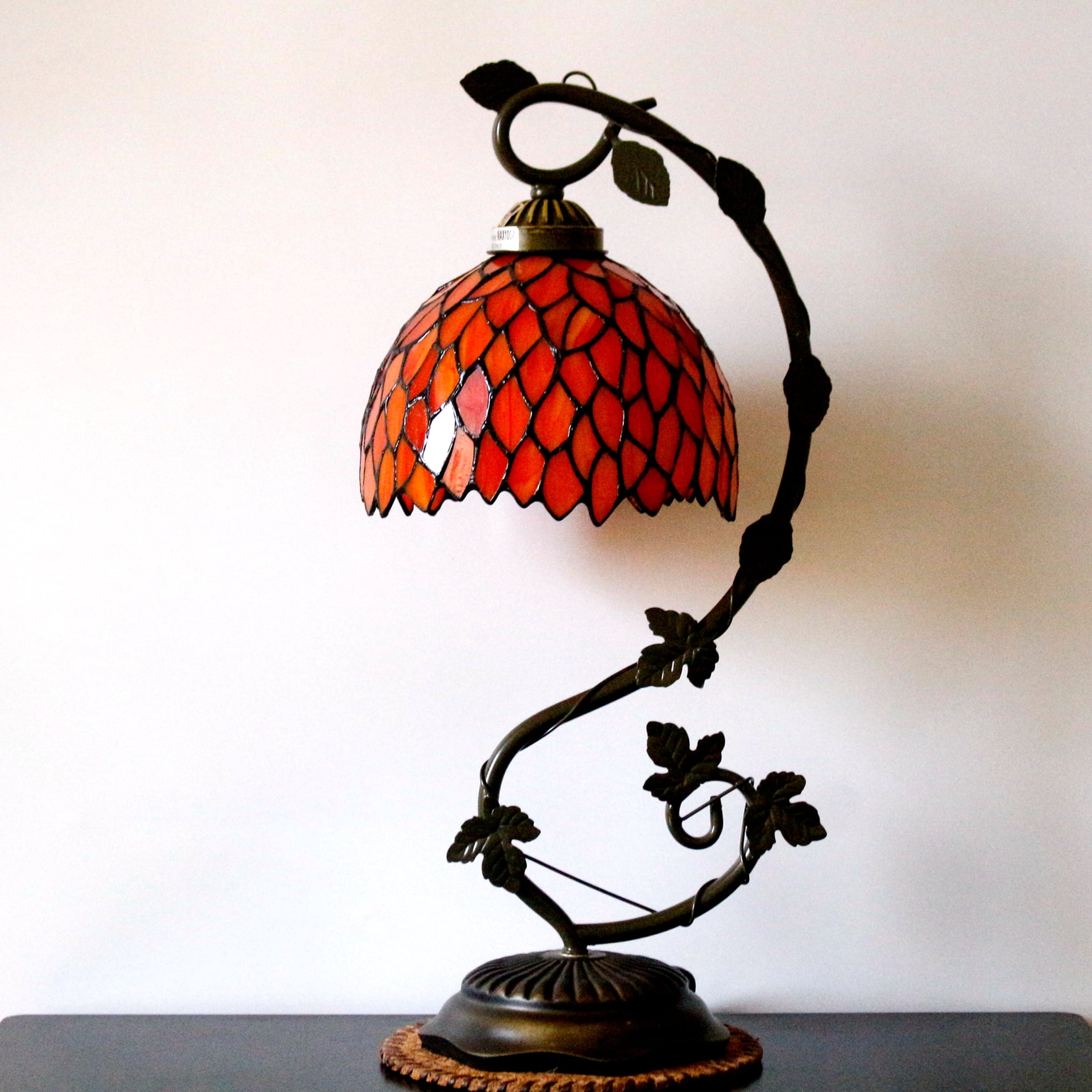 WERFACTORY Tiffany Table Lamp, Stained Glass Bedside Reading Light, Antique Wisteria Style with Metal Leaf Base (Red, 20 in) 6x2wm