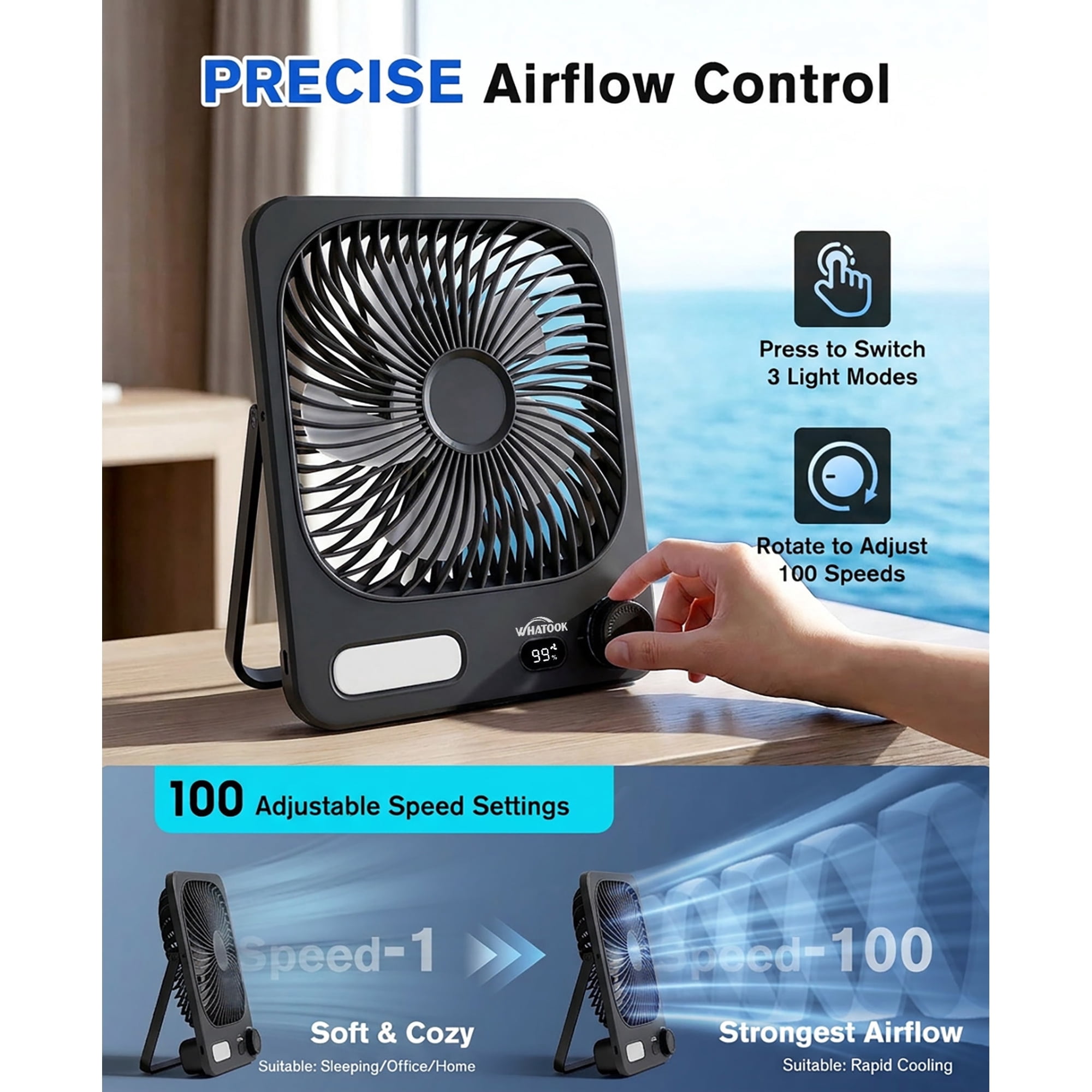 Henotian Portable Desk Fan, Rechargeable Battery Operated Cooling Fan with 100 Speed Settings, 180° Tilt Folding Design (Black, 8 in) j8wvv