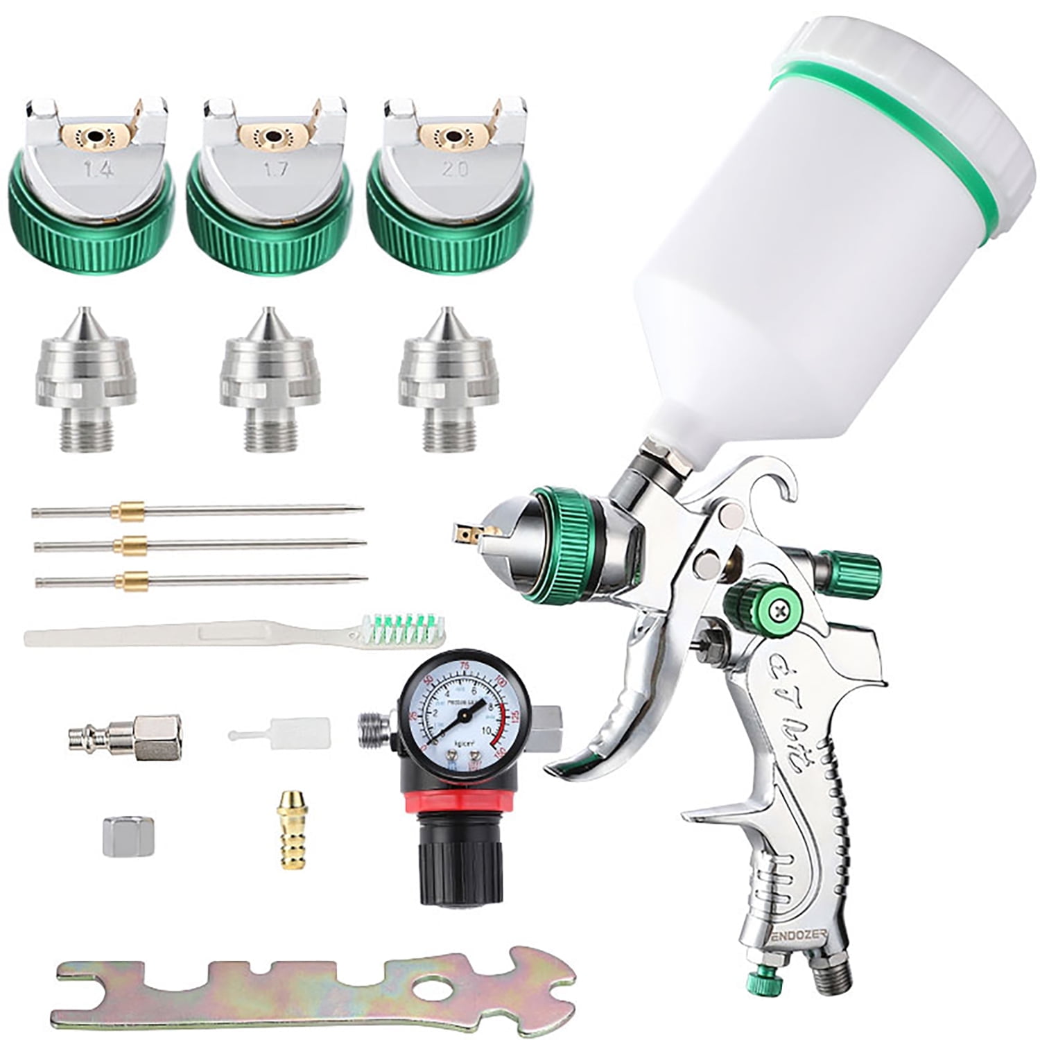 ENDOZER HVLP Paint Spray Gun Set with 1.4mm 1.7mm 2.0mm Nozzles (Green, 20.29 fl oz) q4661