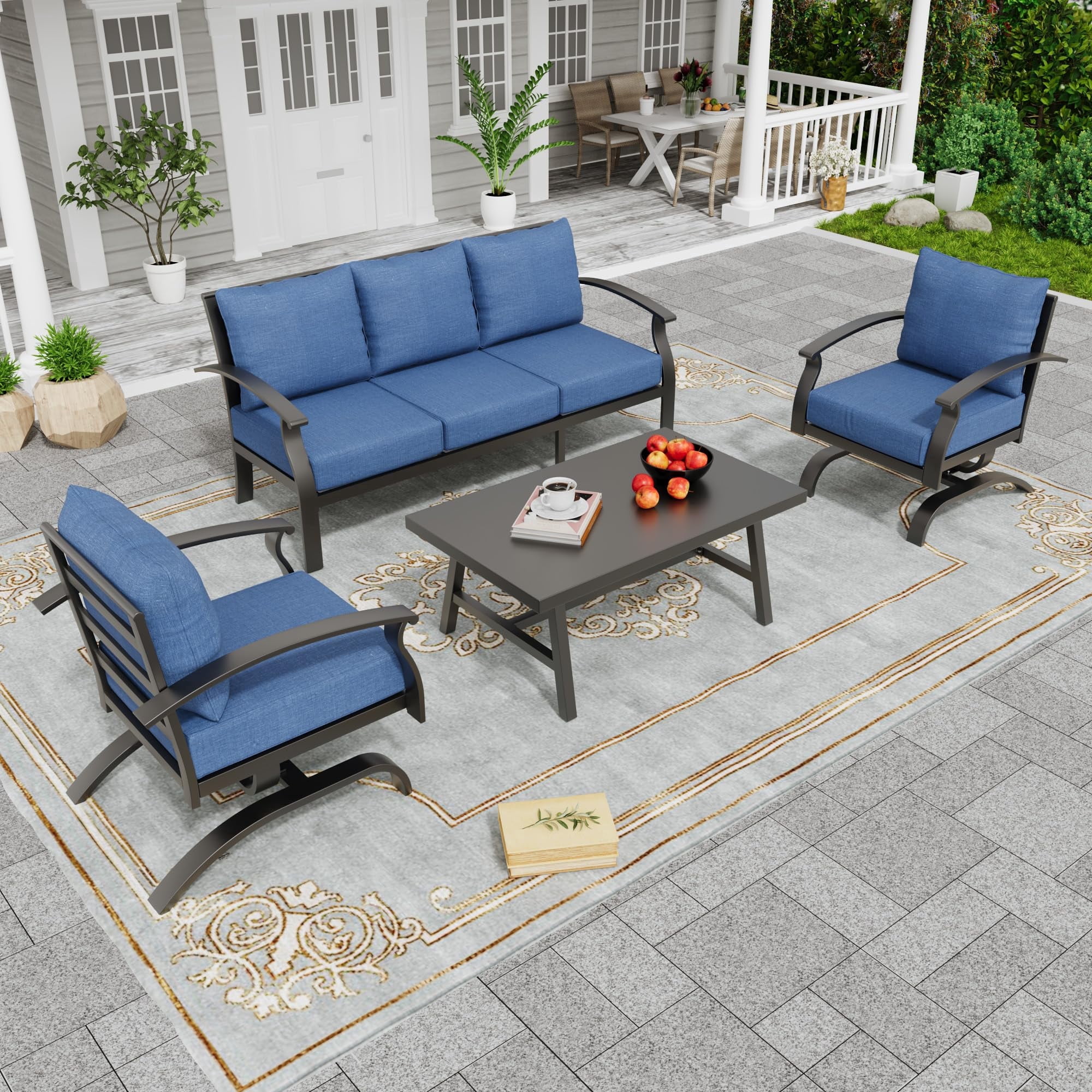 Gotland 4-Piece Metal Patio Furniture Set, Outdoor Sectional Conversation Sofa with Coffee Table (Navy Blue, 4-Piece Set) rxu6x