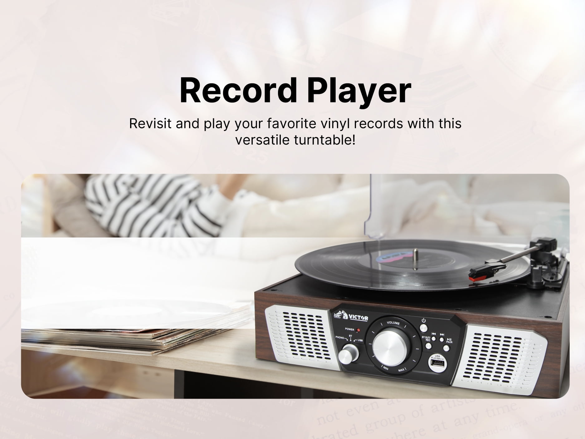 Victor Lakeshore 5-in-1 Turntable System with 3-Speed Record Player, Bluetooth, USB Recording, and Stereo Speakers (Black) 0k5pu