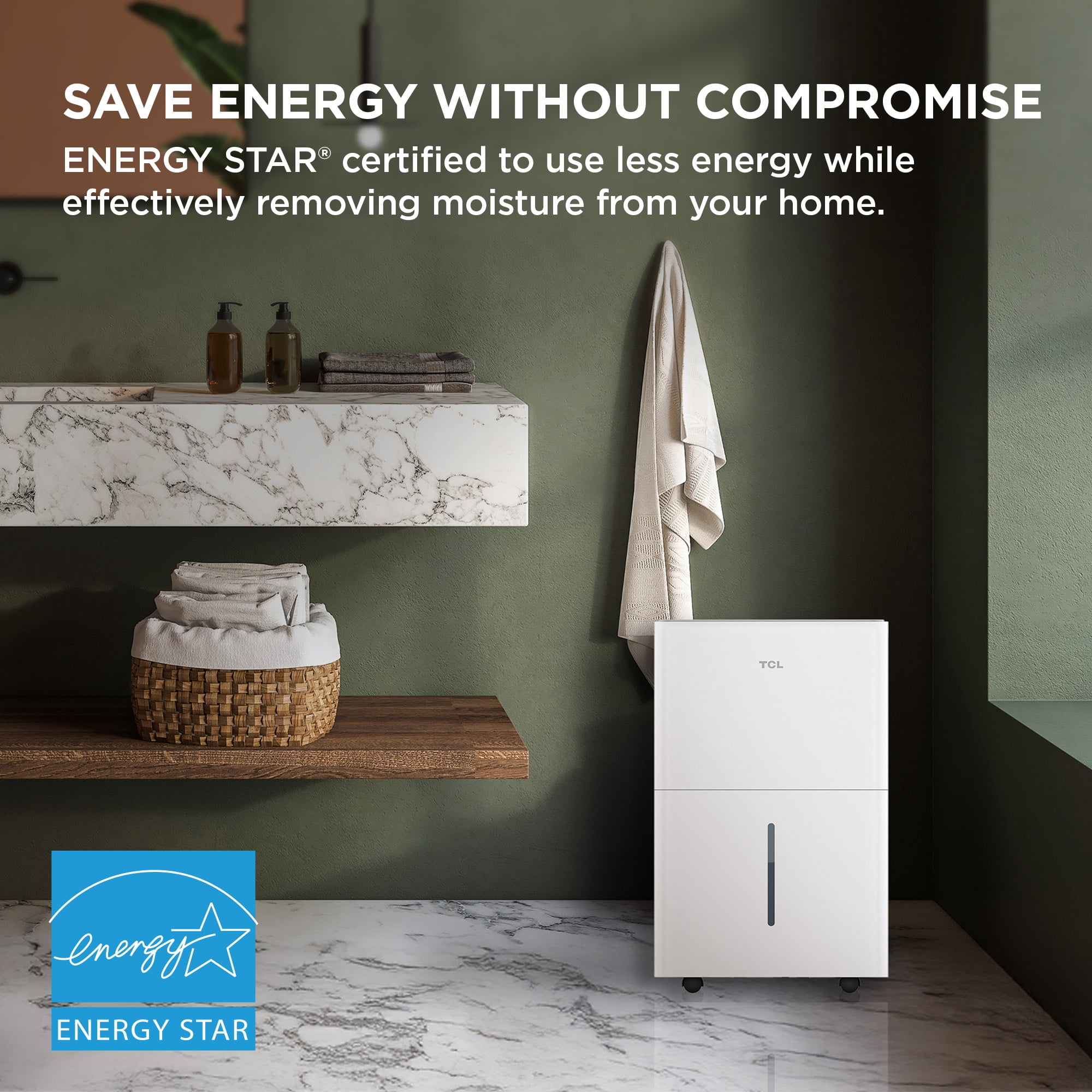 TCL 25 Pint Smart Dehumidifier, Energy Star Certified, Quiet Operation, App-Controlled, Portable Design (White, 25 Pint) yqem7