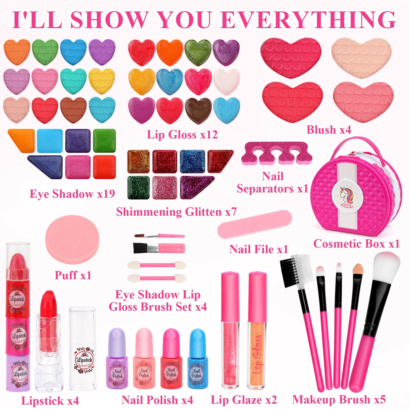 Sendida Kids Makeup Kit Washable Cosmetic Set for Girls (Rose Pink, 66 Piece Set) qav8x