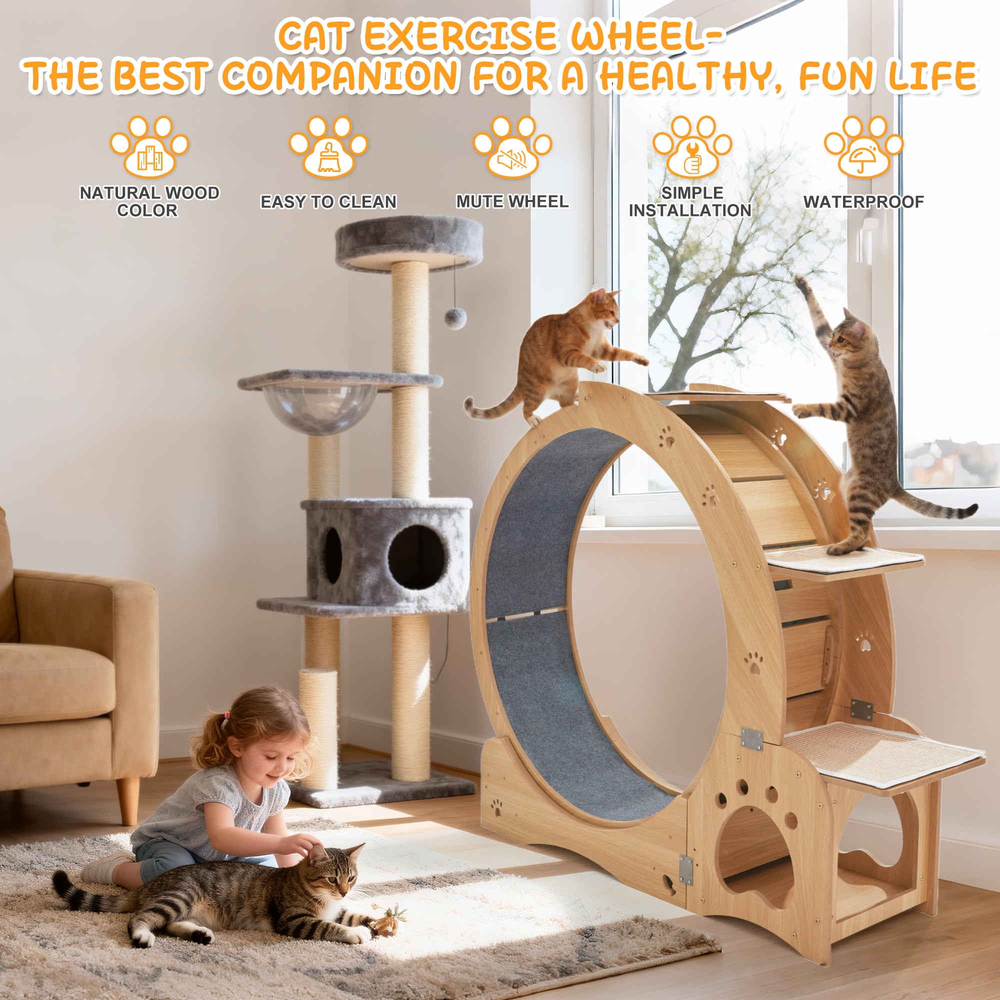 JXXRZ 5-in-1 Cat Exercise Wheel and Activity Center, Silent Indoor Cat Treadmill with Scratching Pad (43.7 in) 70ka7