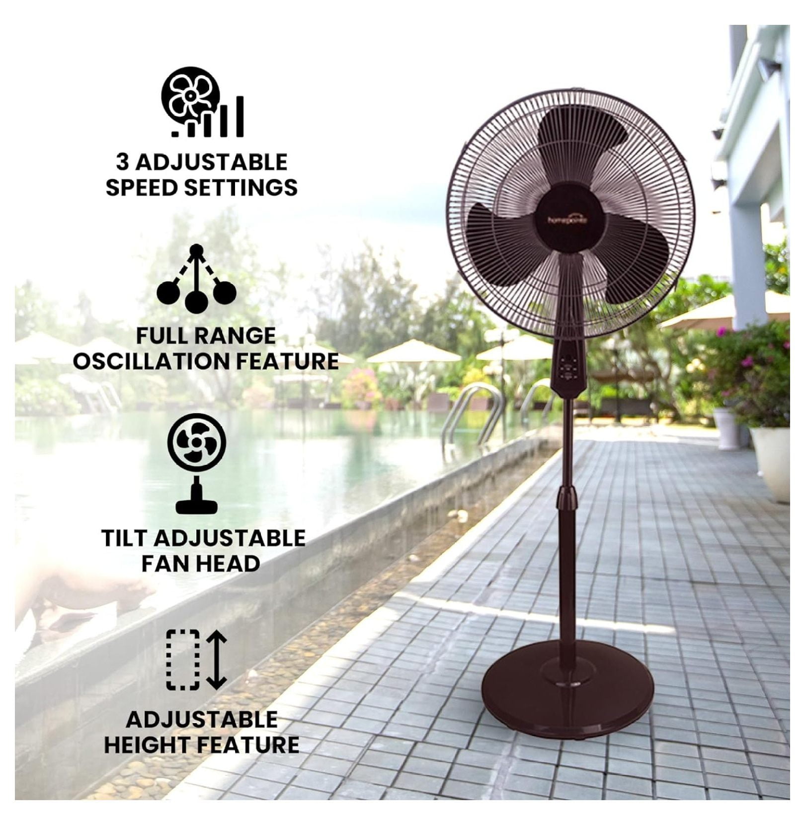 YfulYde 16-Inch Oscillating Pedestal Fan, Adjustable Height & 3-Speed Standing Fan for Home and Office (Black, 16 in) marqf