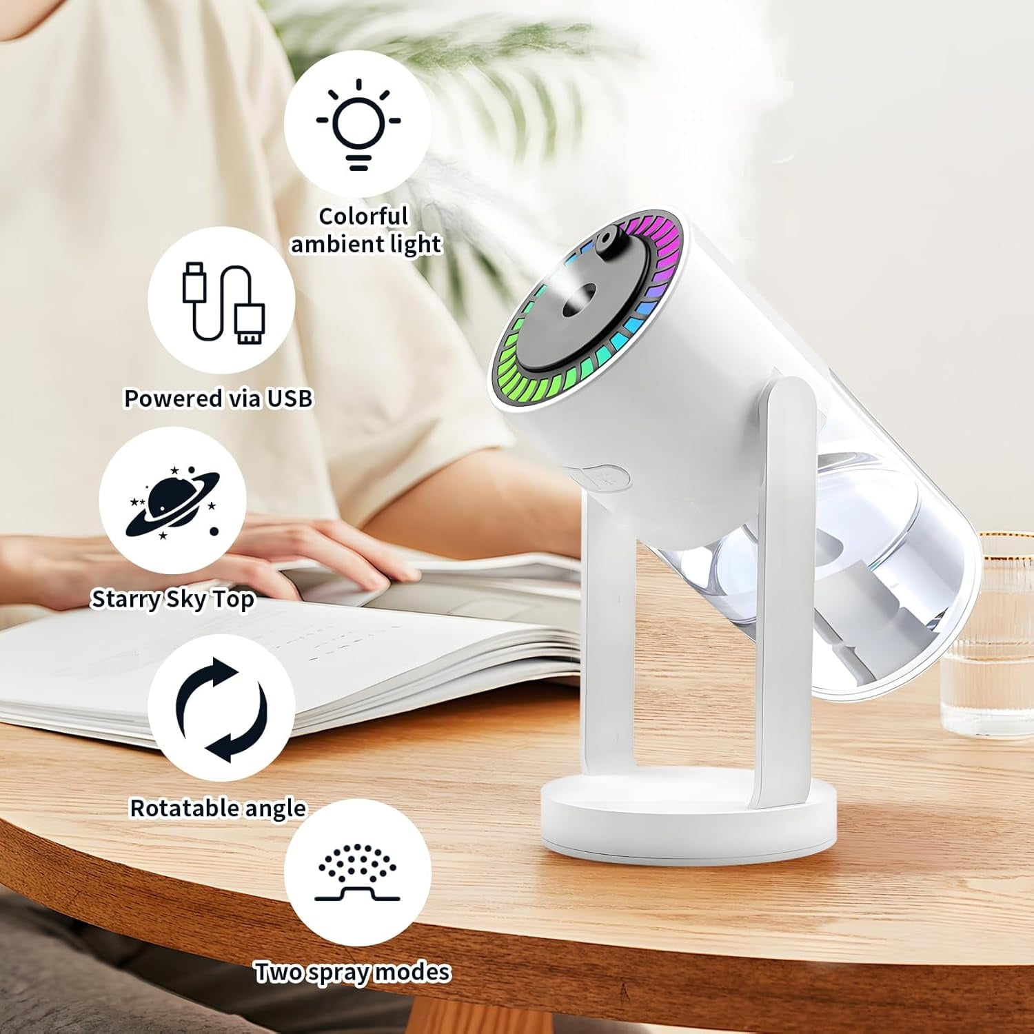 XINGYUN Mini Humidifier with Starry Sky Projection, USB Desktop Personal Humidifier for Office and Bedroom (White, 10 fl oz) 849i4