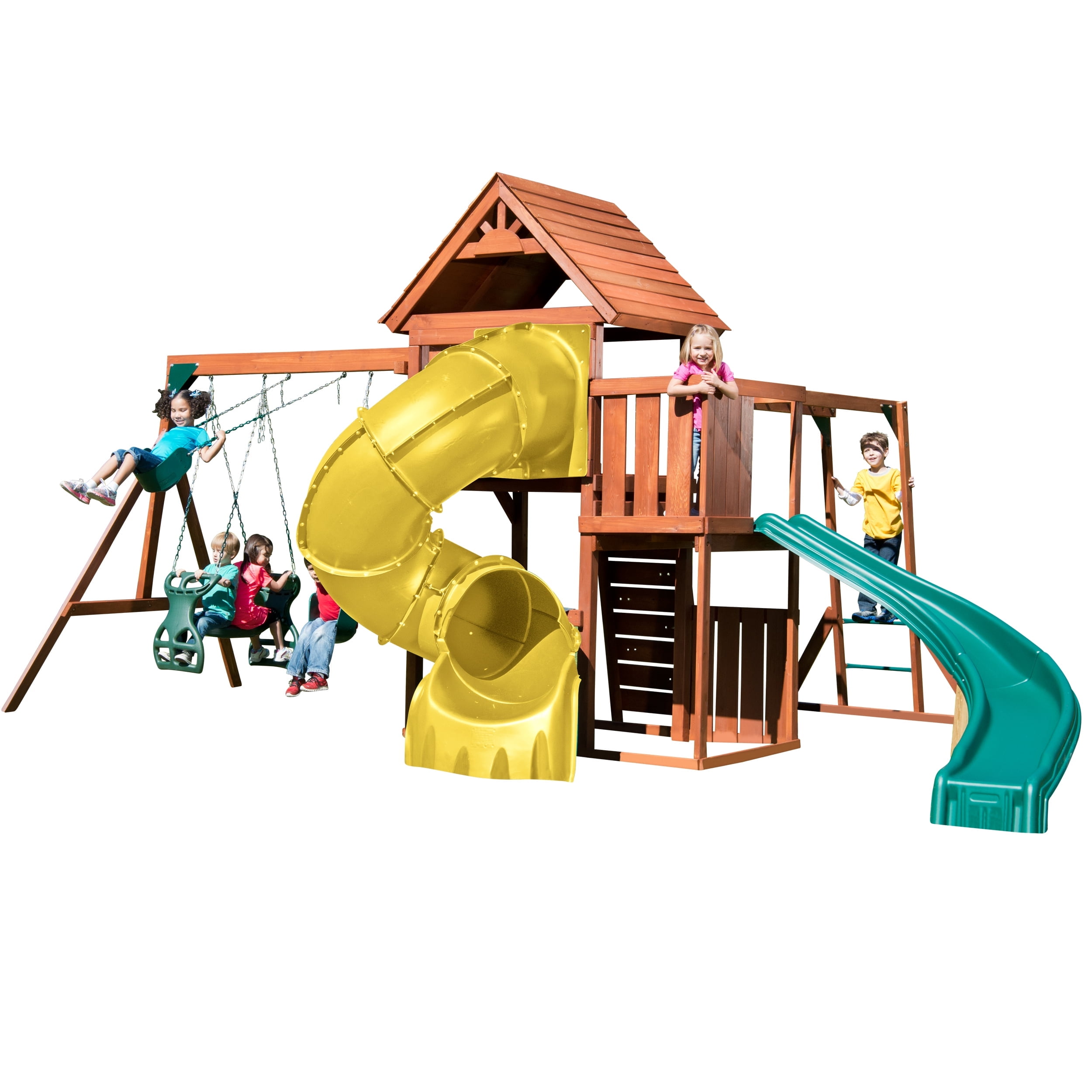 Swing-N-Slide Grandview Twist Deluxe Backyard Swing Set with Monkey Bars and Slides (Brown, 276 in x 144 in x 132 in) yf593