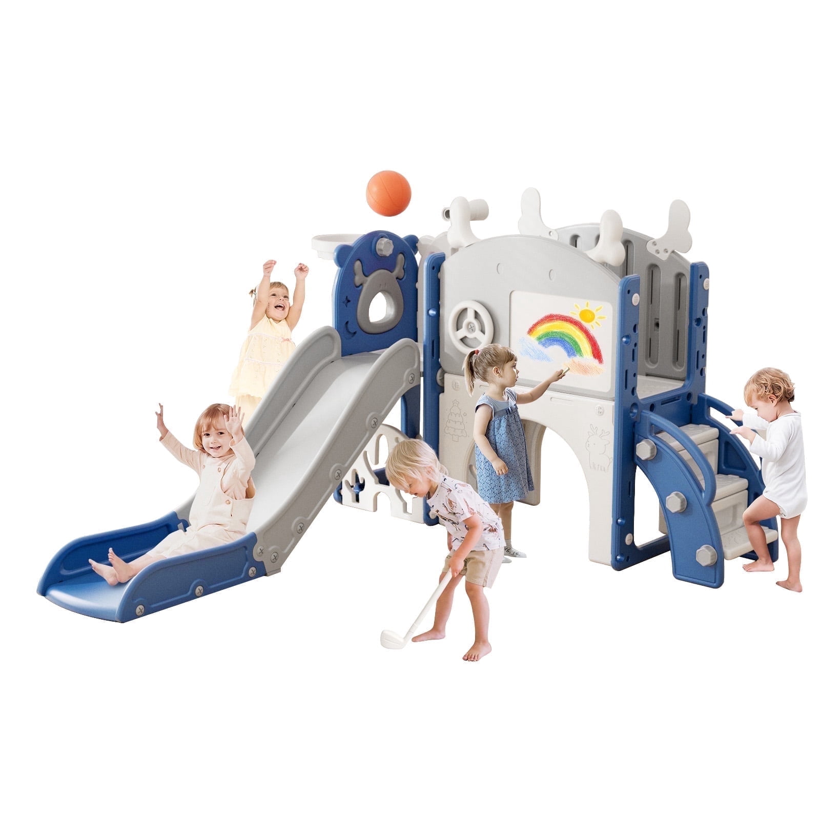 Korimefa 11-in-1 Toddler Climber and Slide Playset with Basketball Hoop and Golf Set (Blue, 62.6 x 62.6 x 39 in) ehwmm
