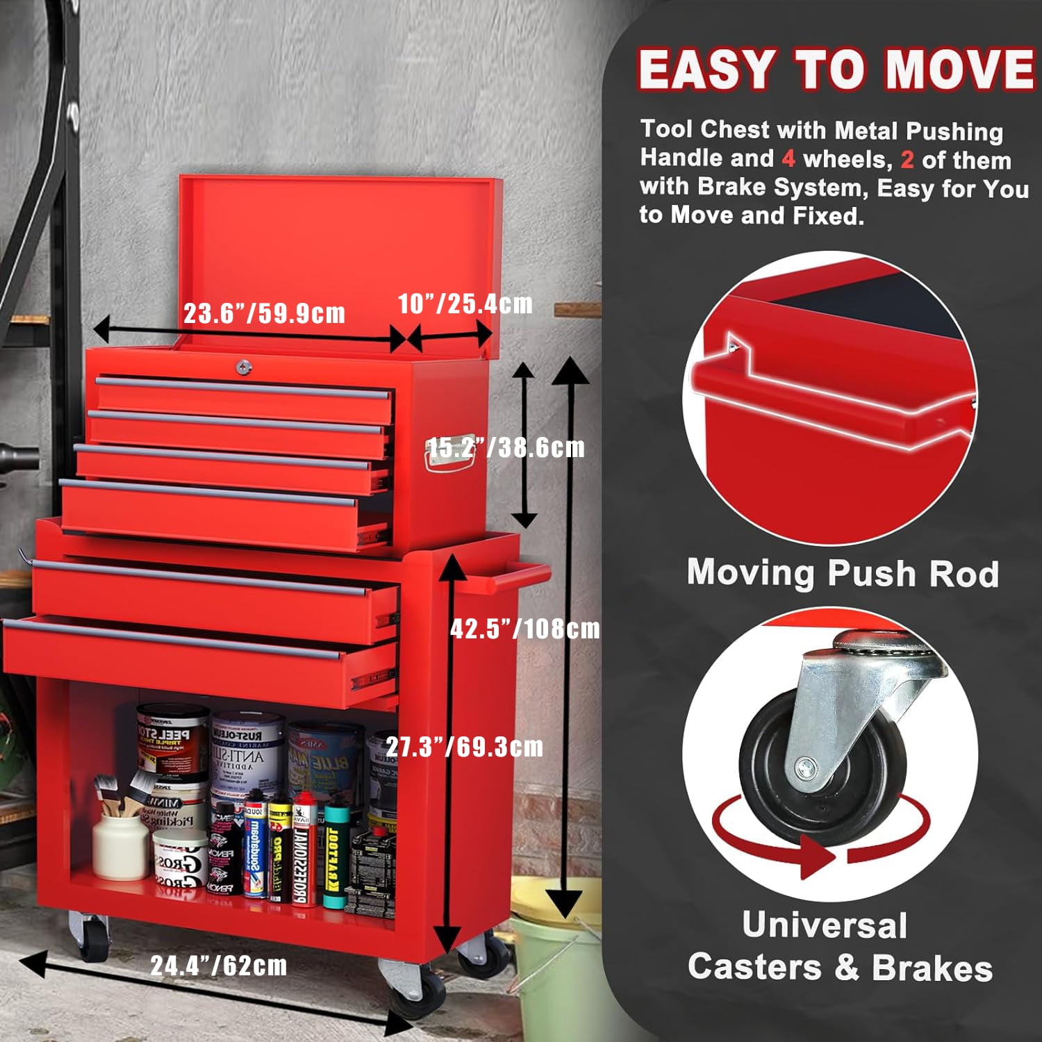 Clickoods 8-Drawer Rolling Tool Chest, 2-in-1 Detachable Metal Tool Box Cabinet with Wheels (Red, 24 in x 13 in x 43 in) ykmzs
