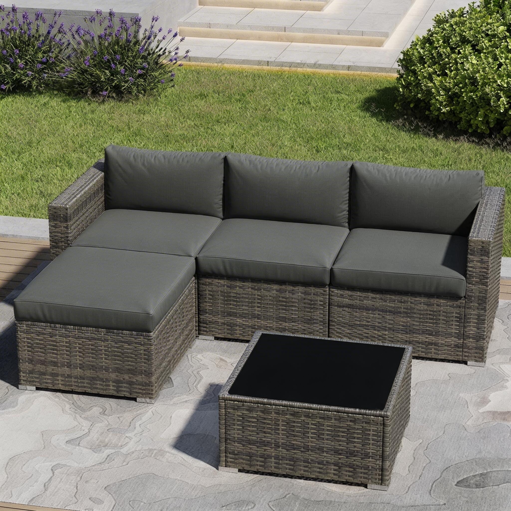 Cozy Home 5-Piece Patio Rattan Furniture Set, Outdoor Sectional Sofa with Ottoman and Coffee Table (Grey, 5-Piece Set) bnnyk