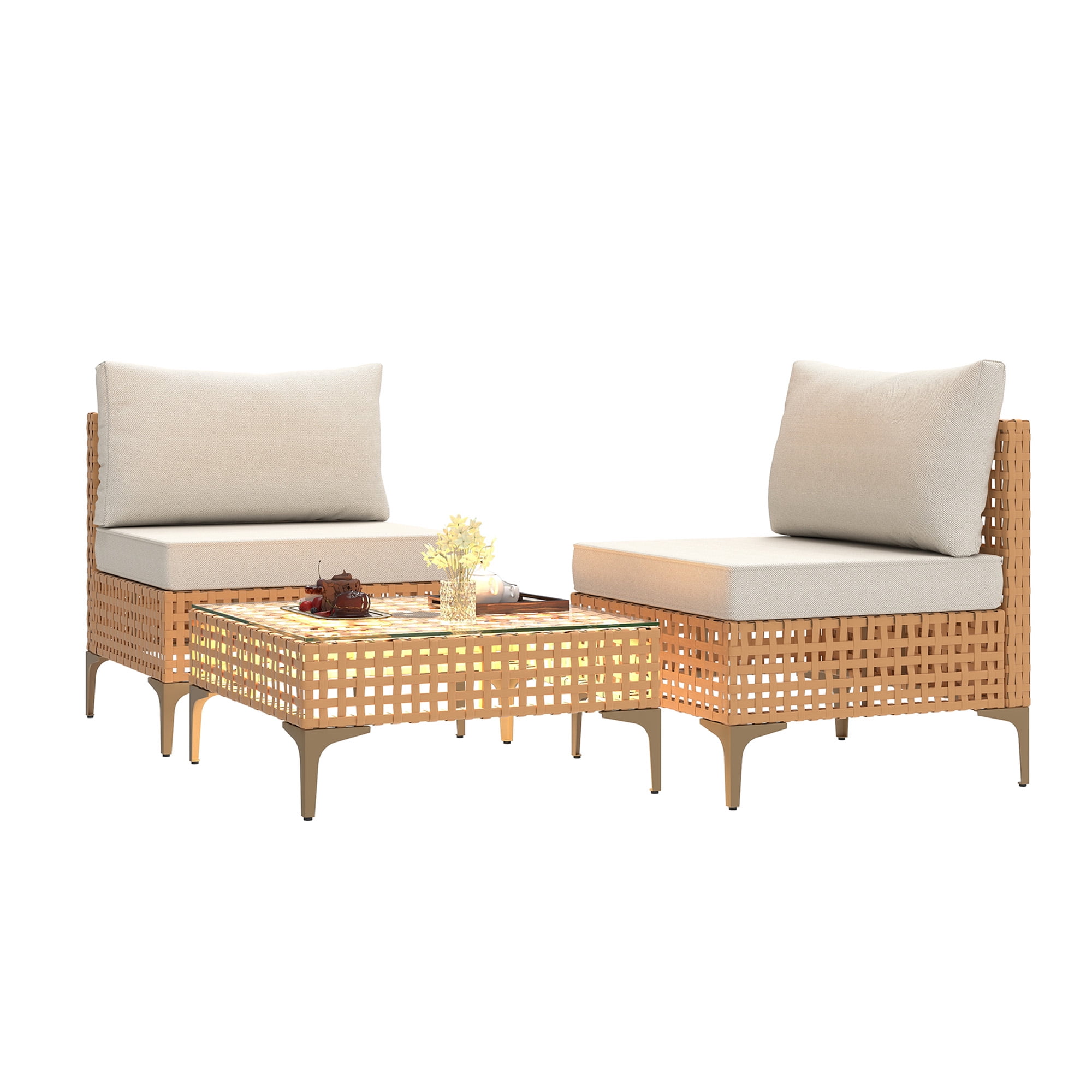 Uforic 3-Piece Outdoor Patio Furniture Set, Rattan Wicker Conversation Bistro Set with Solar LED Coffee Table (Beige, 3 Pieces) e8a6s