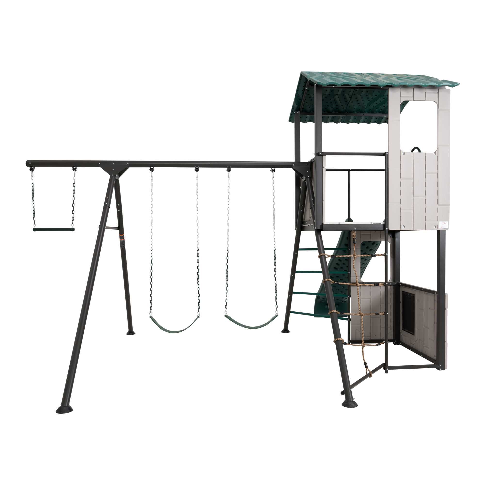 Lifetime Adventure Clubhouse Swing Set with Slide, Belt Swings, and Trapeze Bar (1 Unit) nj4r0