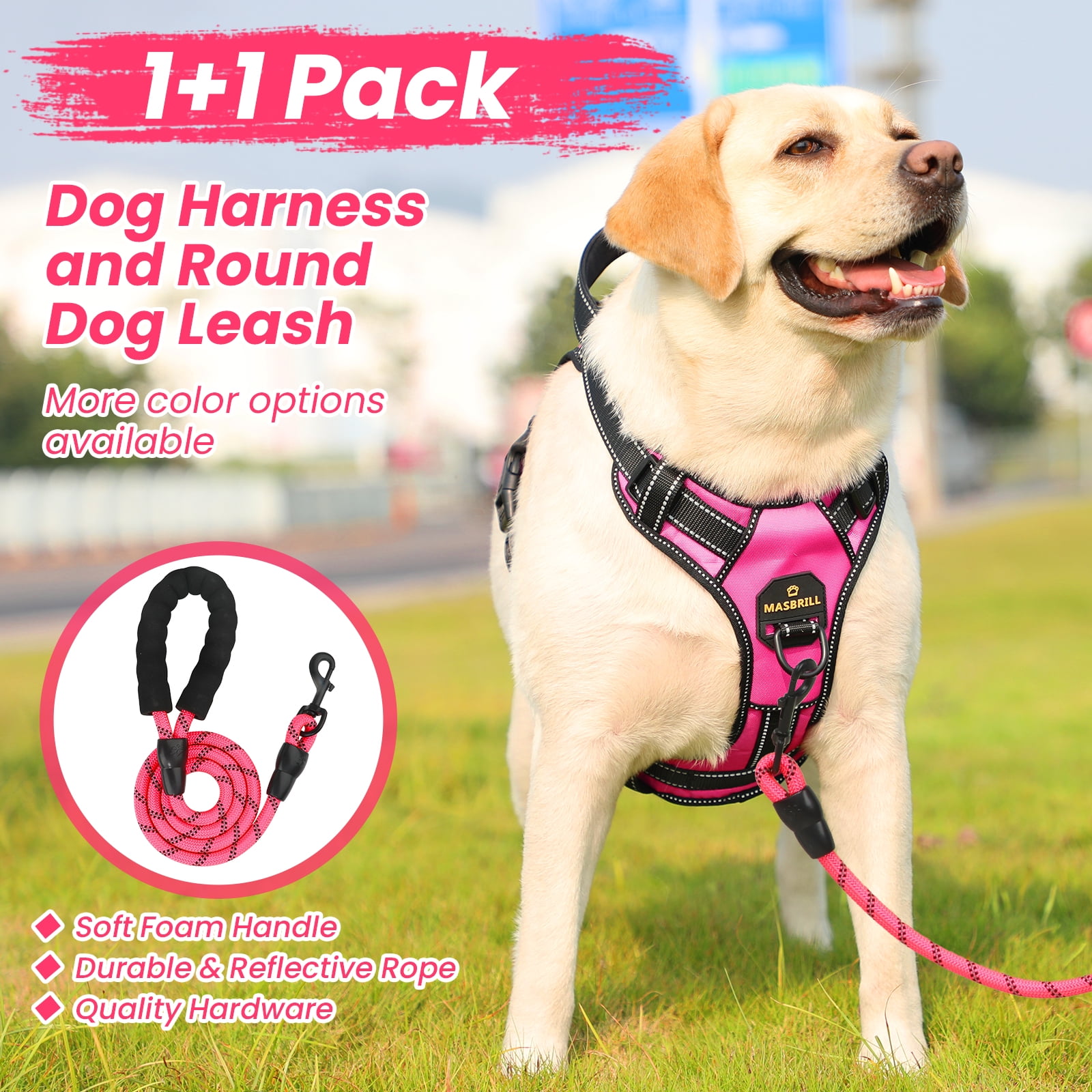 MASBRILL No Pull Dog Harness and Leash Set, Reflective Adjustable Padded Vest with Handle (Pink, Large) me4ue
