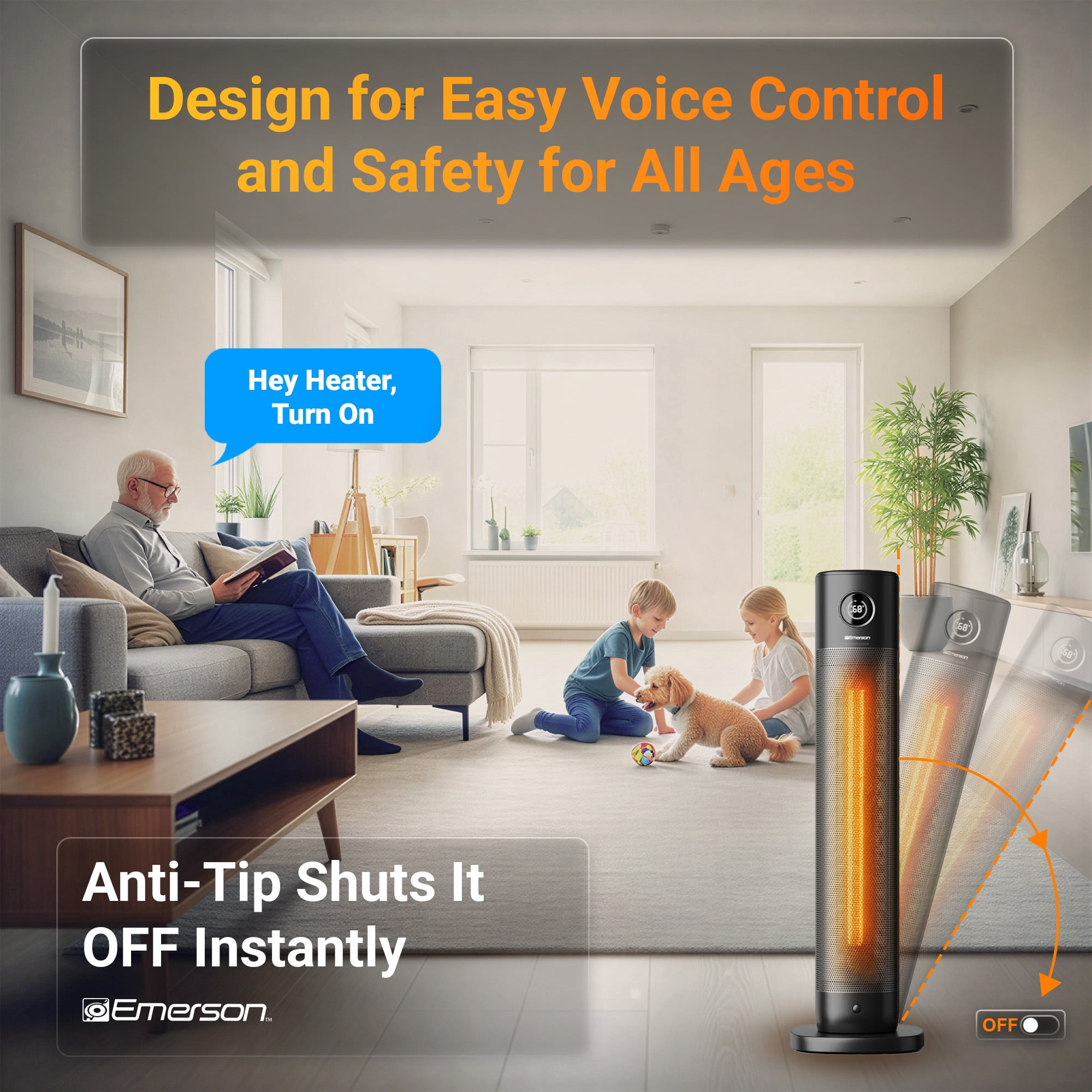 Emerson SmartVoice 32 in Tower Heater with Offline Voice Control (Black, 32 in) s67em