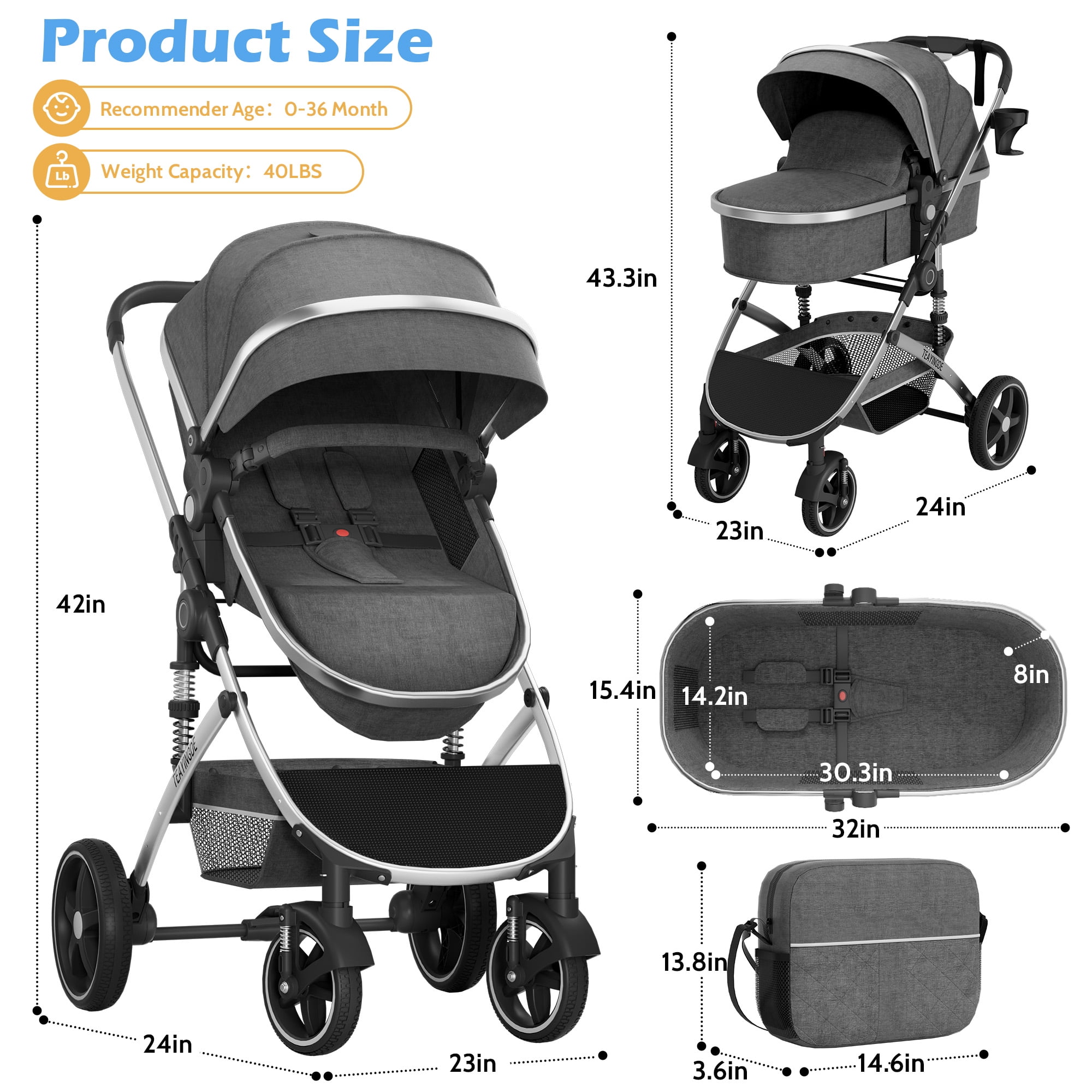 babyeap 2-in-1 Foldable Baby Stroller, Lightweight Reversible Bassinet Carriage with Storage & Cup Holder (Gray, 23 x 24 x 42 in) 9ivpa