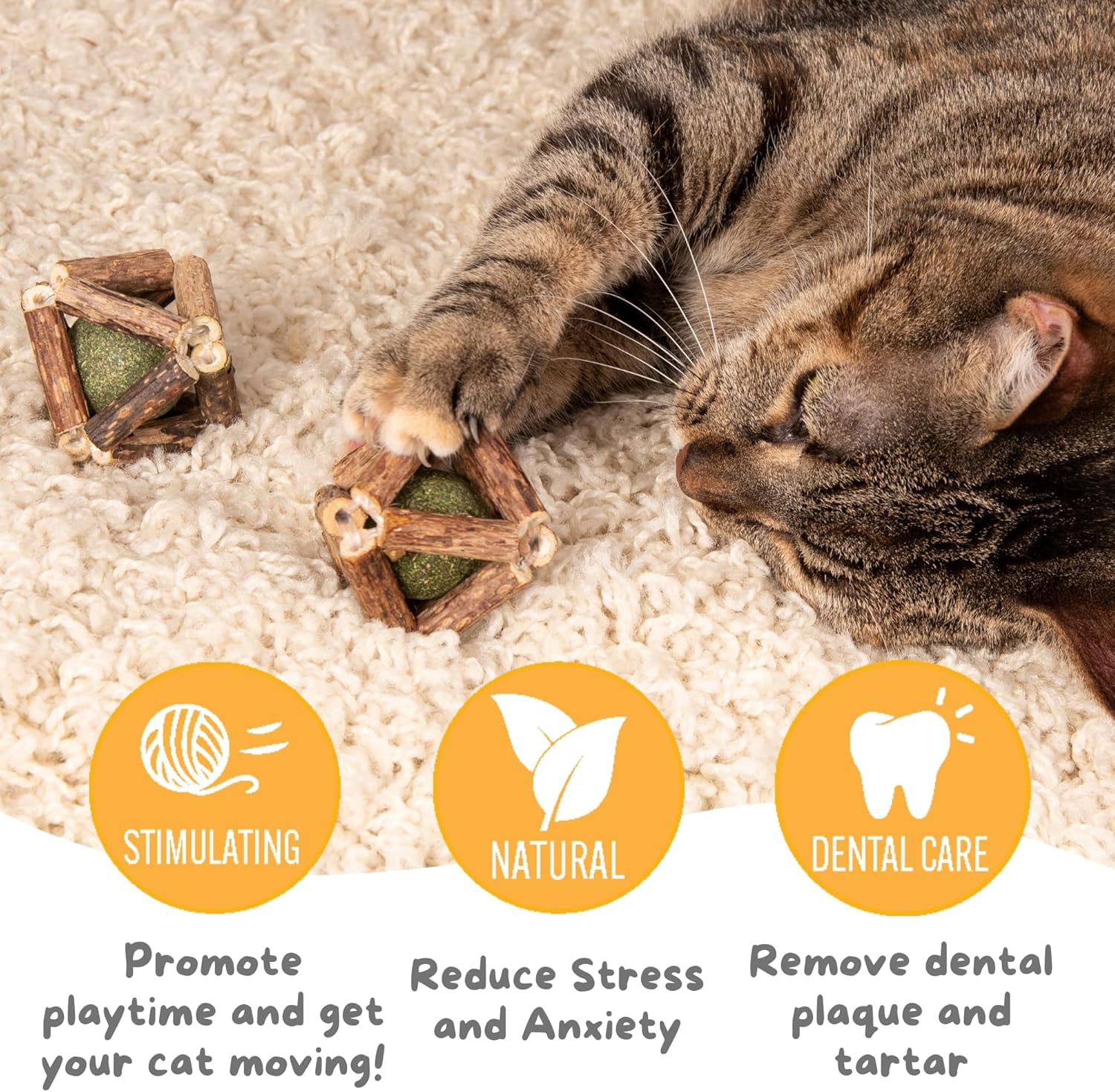 Hide & Scratch Silvervine and Catnip Rattle Ball Toys for Cats (Natural, 3 Pack, 2 in) c273n