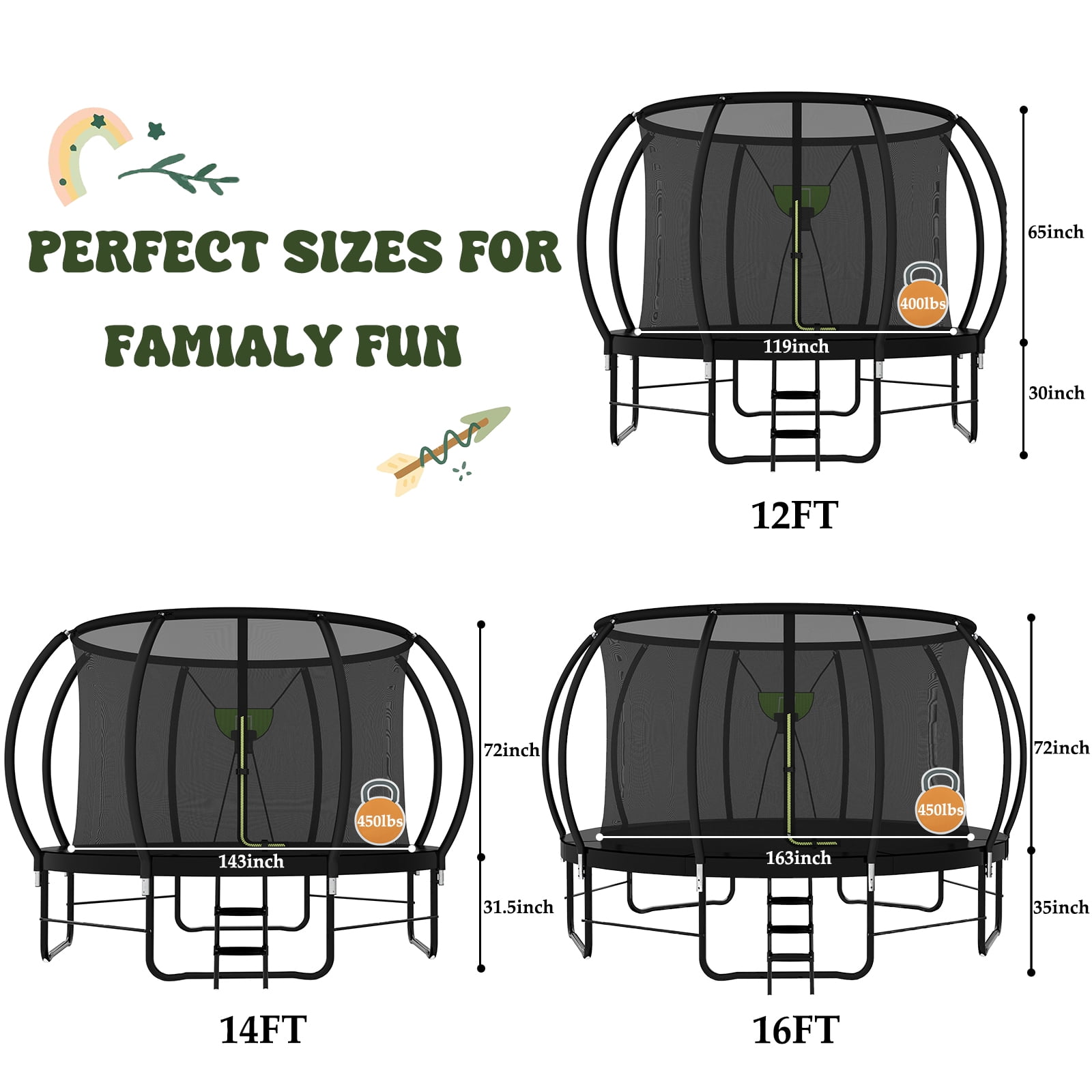 DVH 16ft Outdoor Recreational Trampoline with Safety Enclosure, Ladder, and Basketball Hoop Set (Black, 16ft) a916t