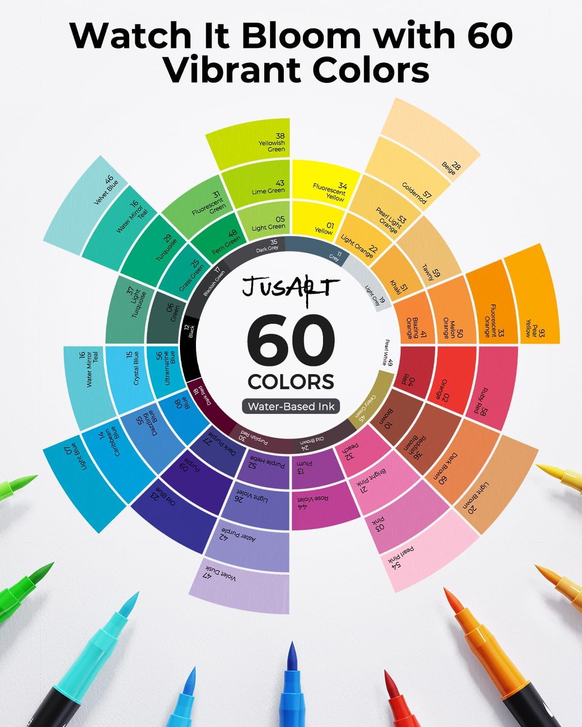 JusArt Dual Tip Art Markers Set, Professional Water-Based Drawing Pens for Adult Coloring (60 Colors, 60 Count) cux54