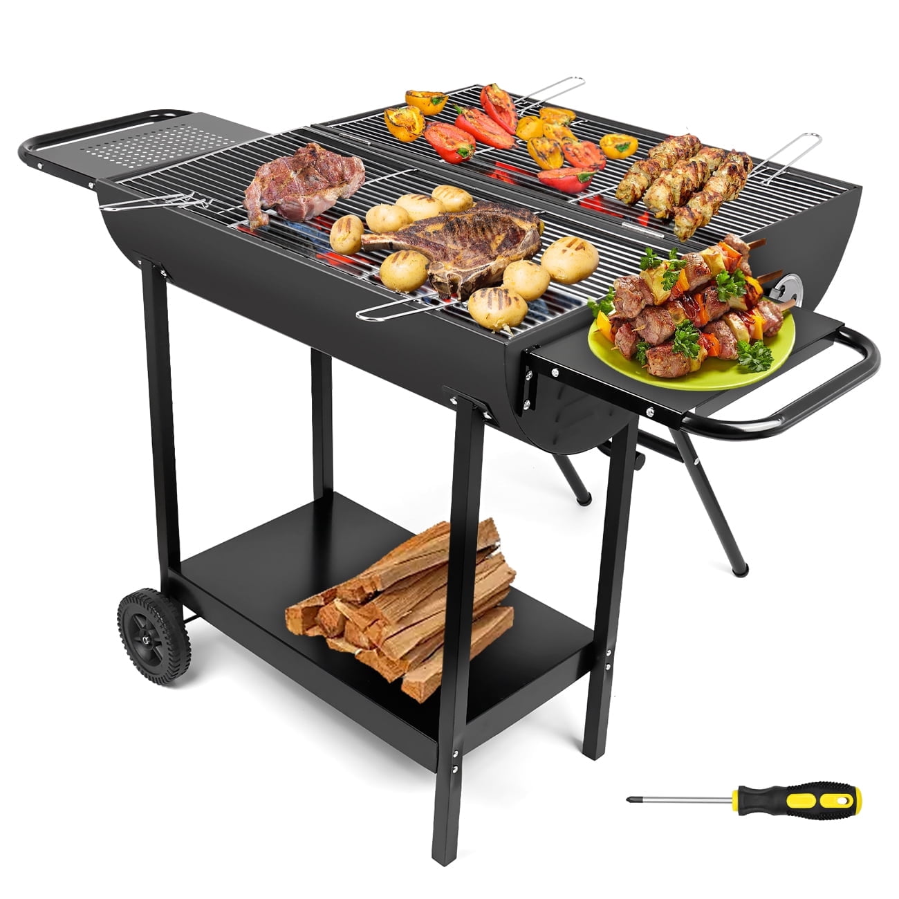 Linsen-Outdoors Double Charcoal Barrel Grill with Dual Side Shelves (Black, Large) 5yds8