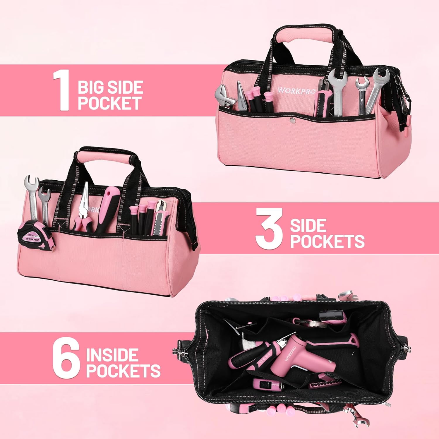 WORKPRO 13-inch Tool Bag, Heavy-Duty Soft Storage Tote with Wide Mouth and Pockets (Pink, 13.38 in x 6.69 in x 8.66 in) 6iikn